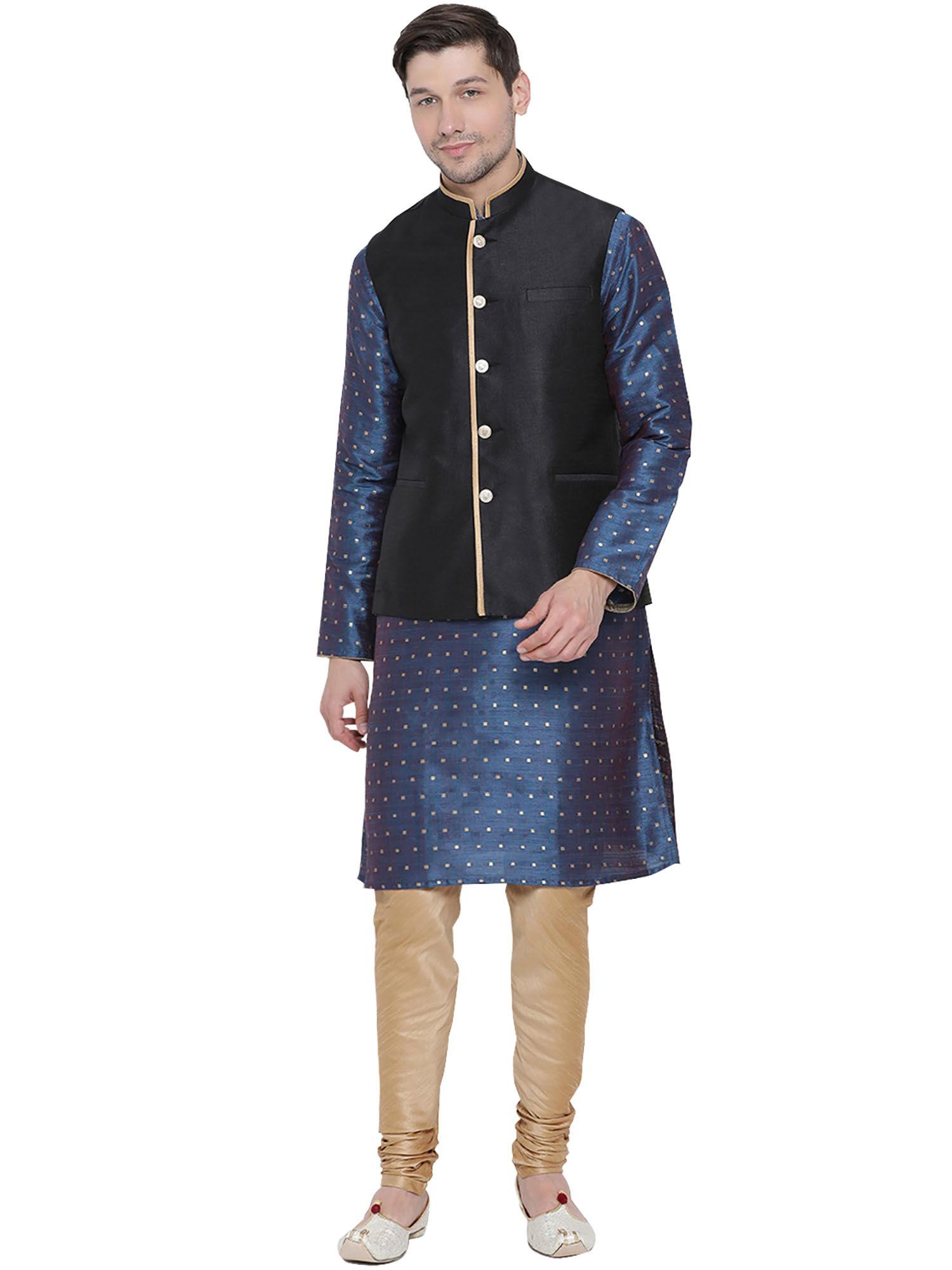 mens navy blue silk blend jacket, kurta and pyjama (set of 3)