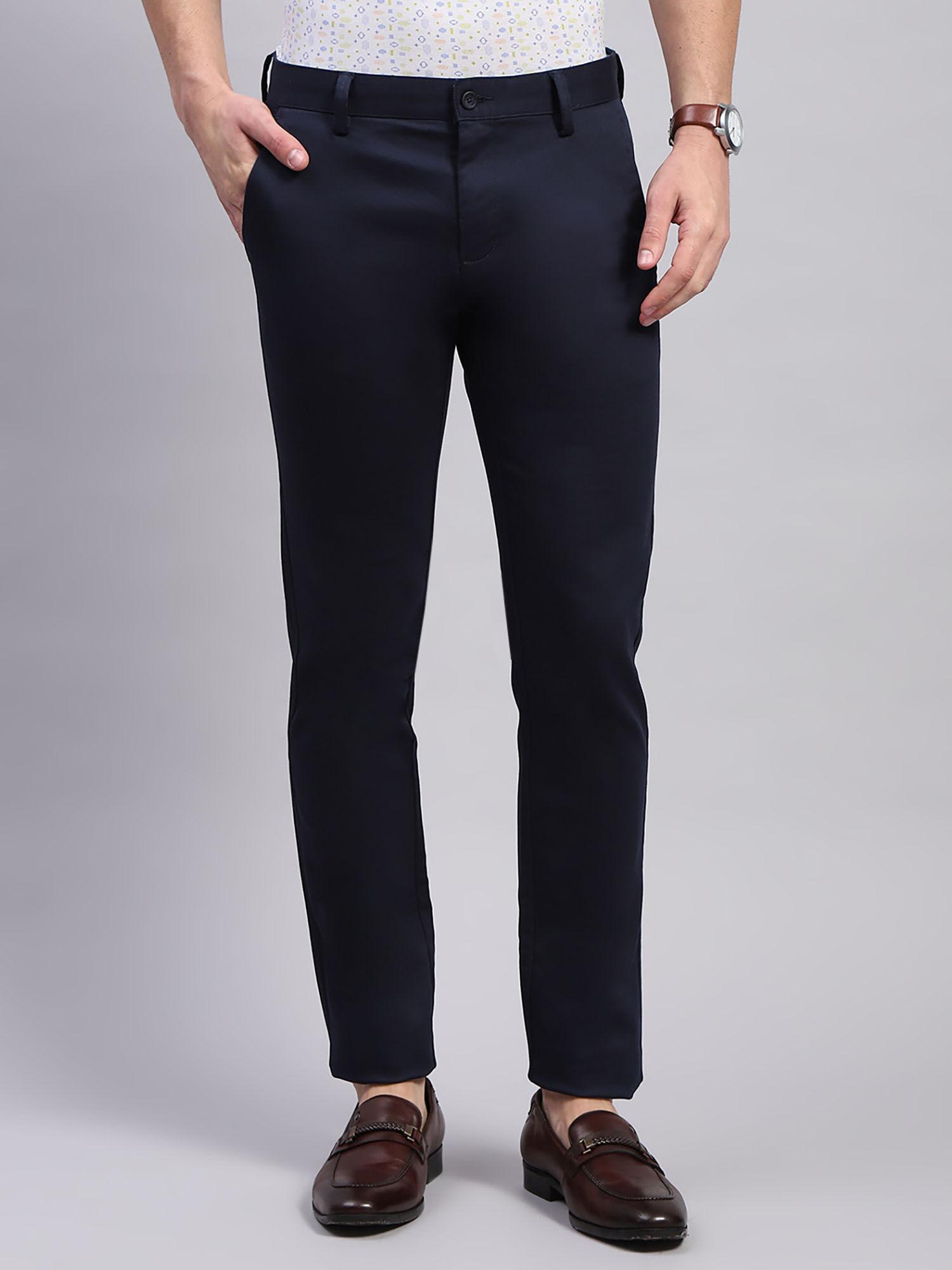 mens navy blue solid regular fit trouser
