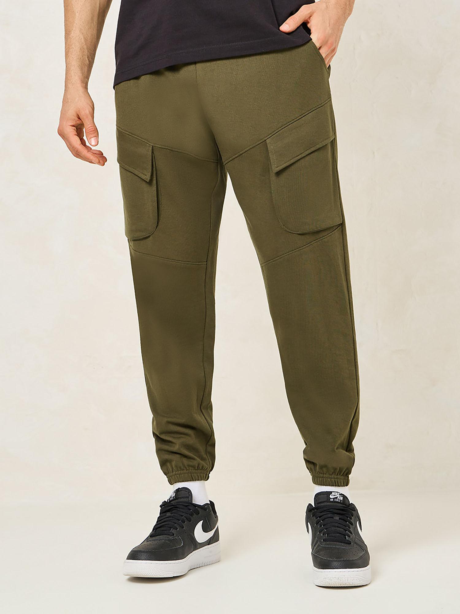 mens olive cotton blend slim fit cargo joggers with drawstring