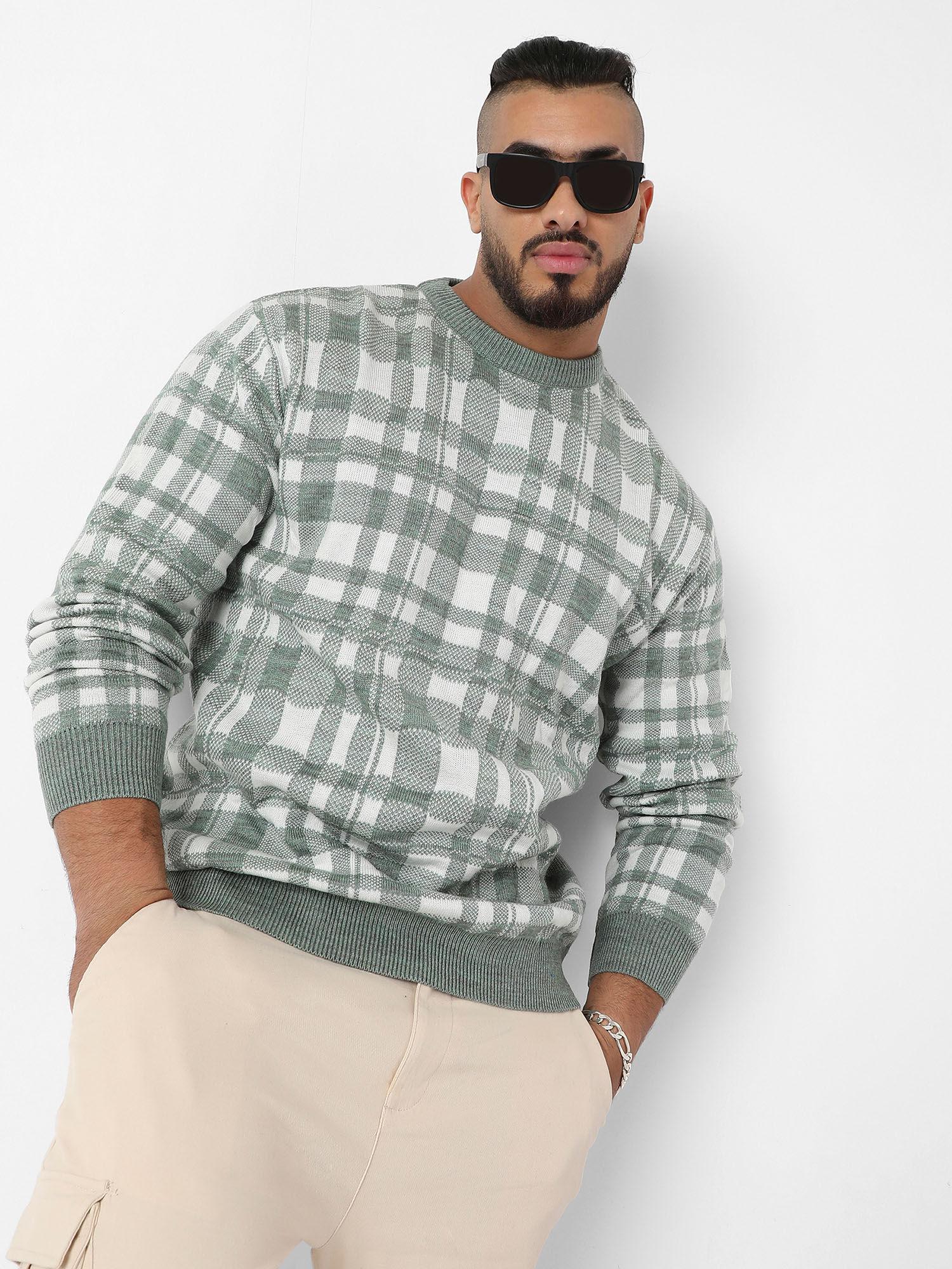 mens olive green tartan plaid knitted pullover sweater