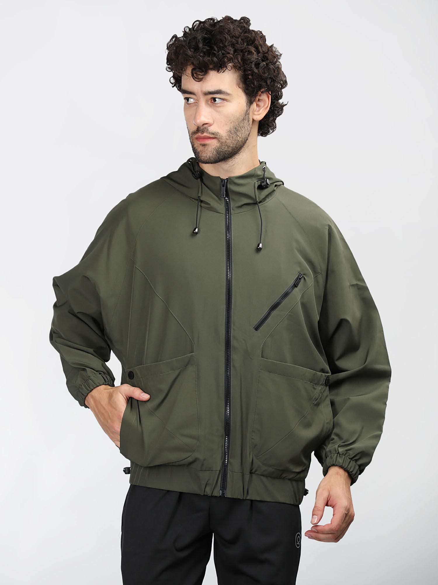 mens olive solid full sleeves hooded jacket