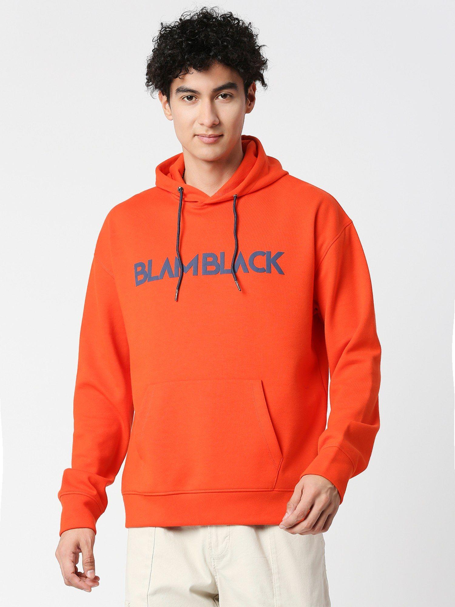 mens orange colour chest print full sleeves hoodie