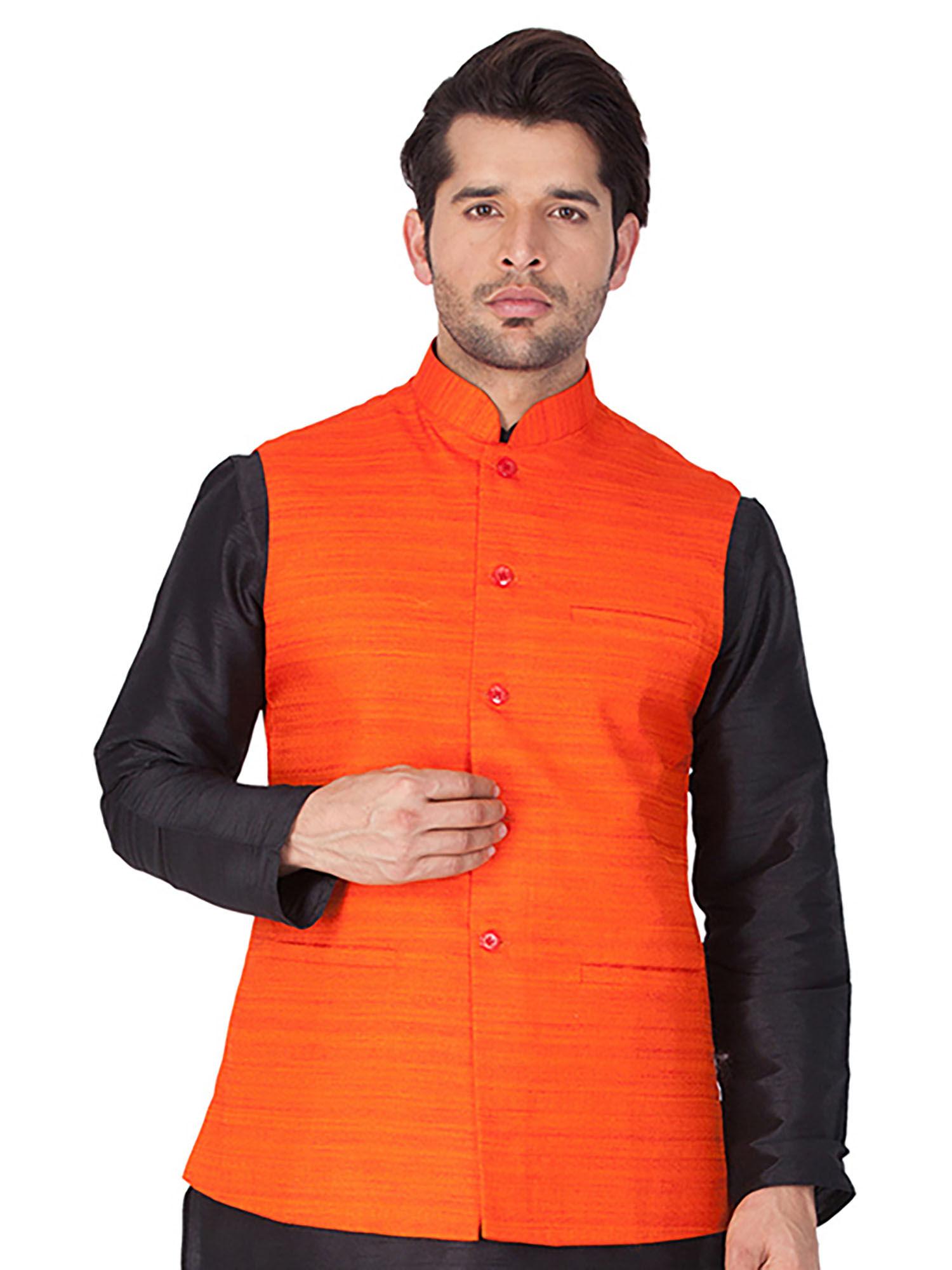 mens orange silk blend nehru jacket