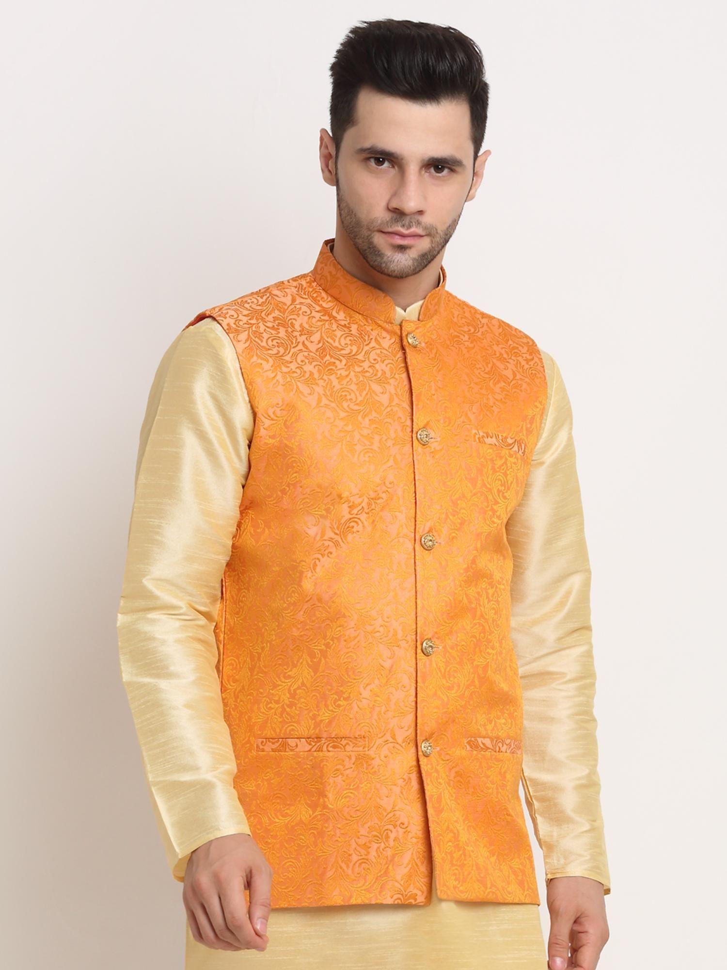 mens peach jacquard woven design nehru jacket
