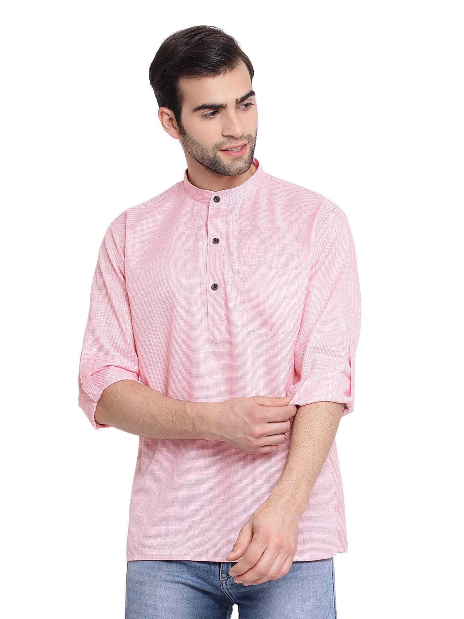 mens pink cotton blend short kurta