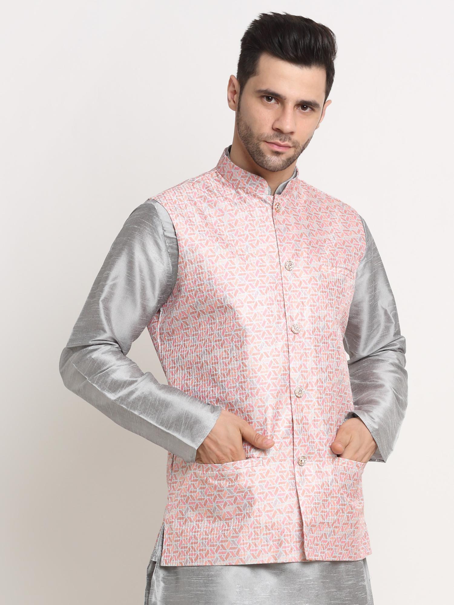 mens pink thread work sequence nehru jacket