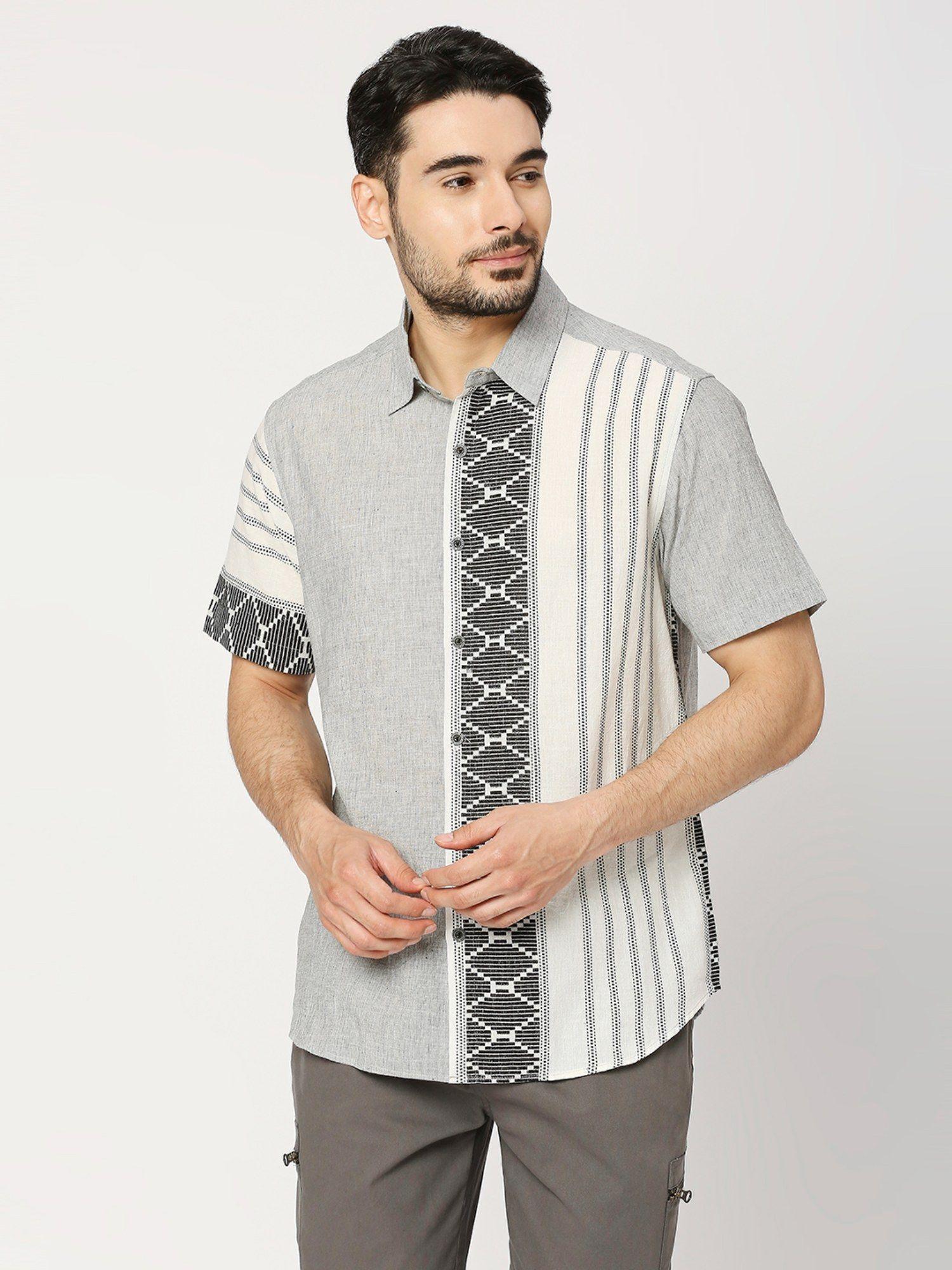 mens print mix regular fit half sleeves spread collar shirt