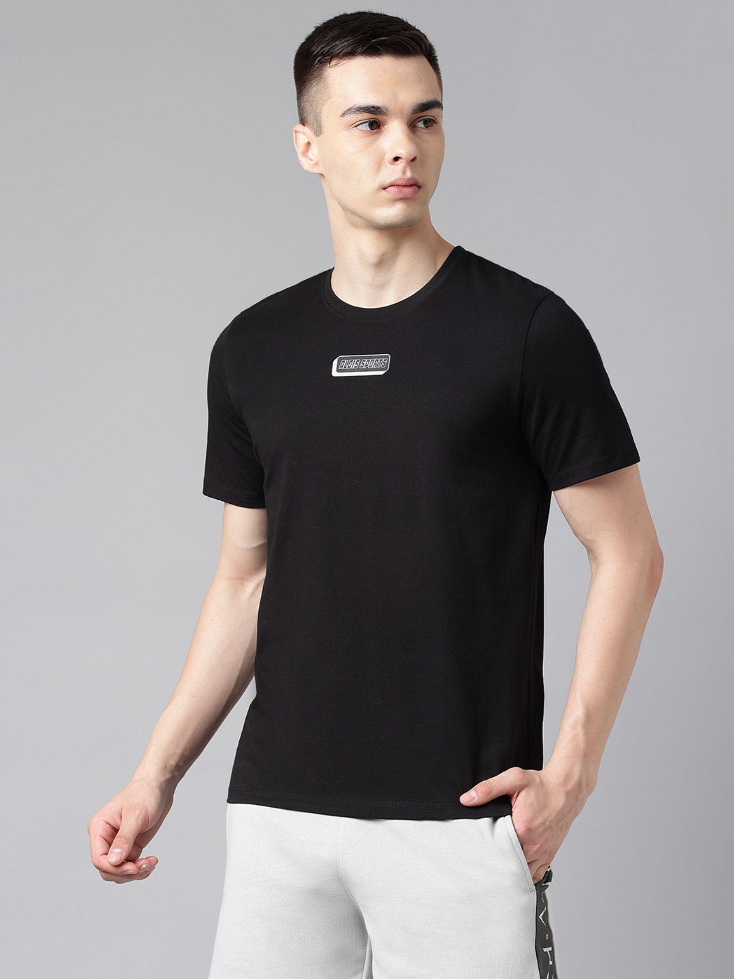 mens printed black soft touch regular fit athleisure t shirt