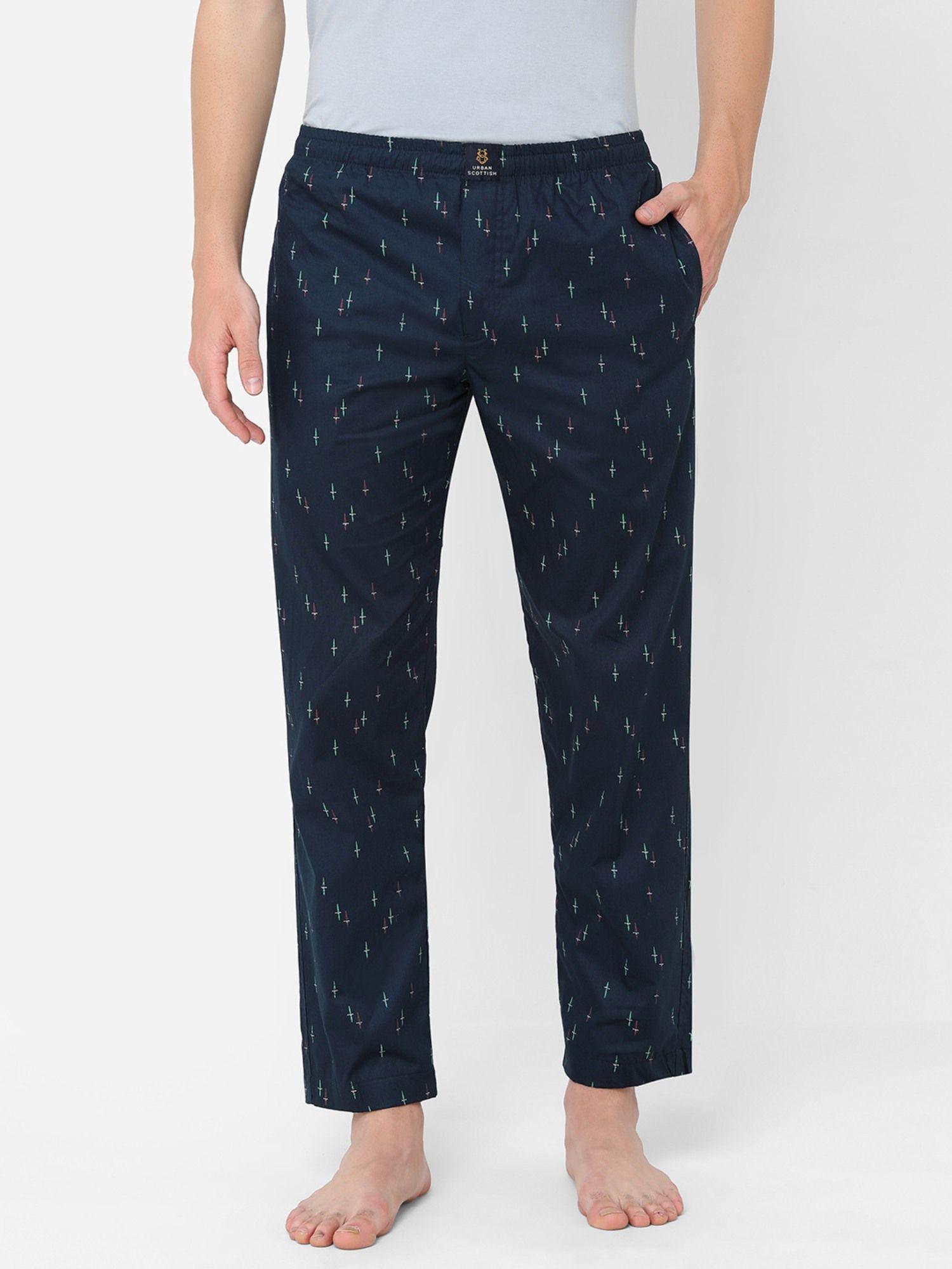 mens printed cotton pyjamas navy blue