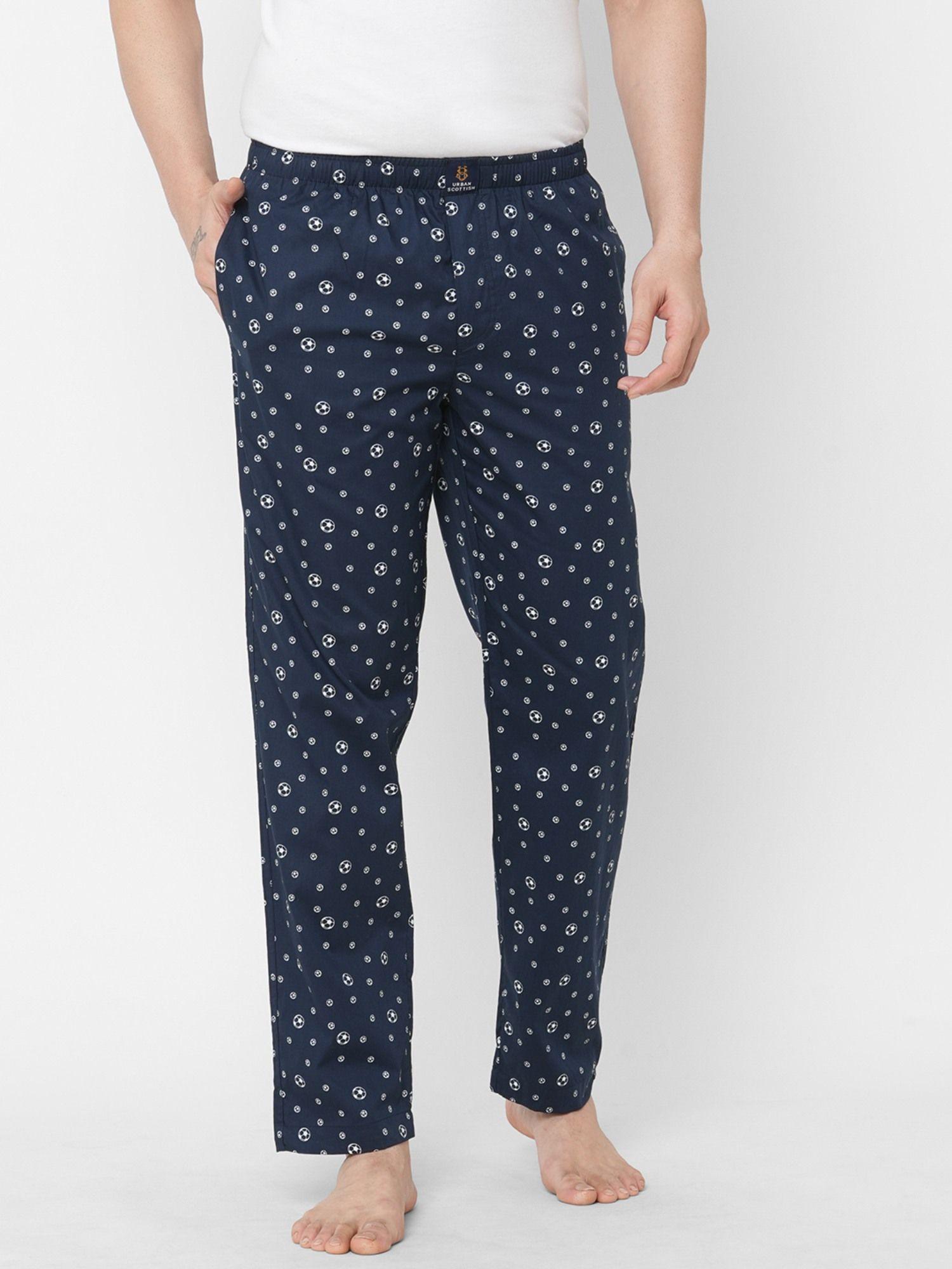 mens printed woven cotton breathable pyjama with 2 pockets navy blue