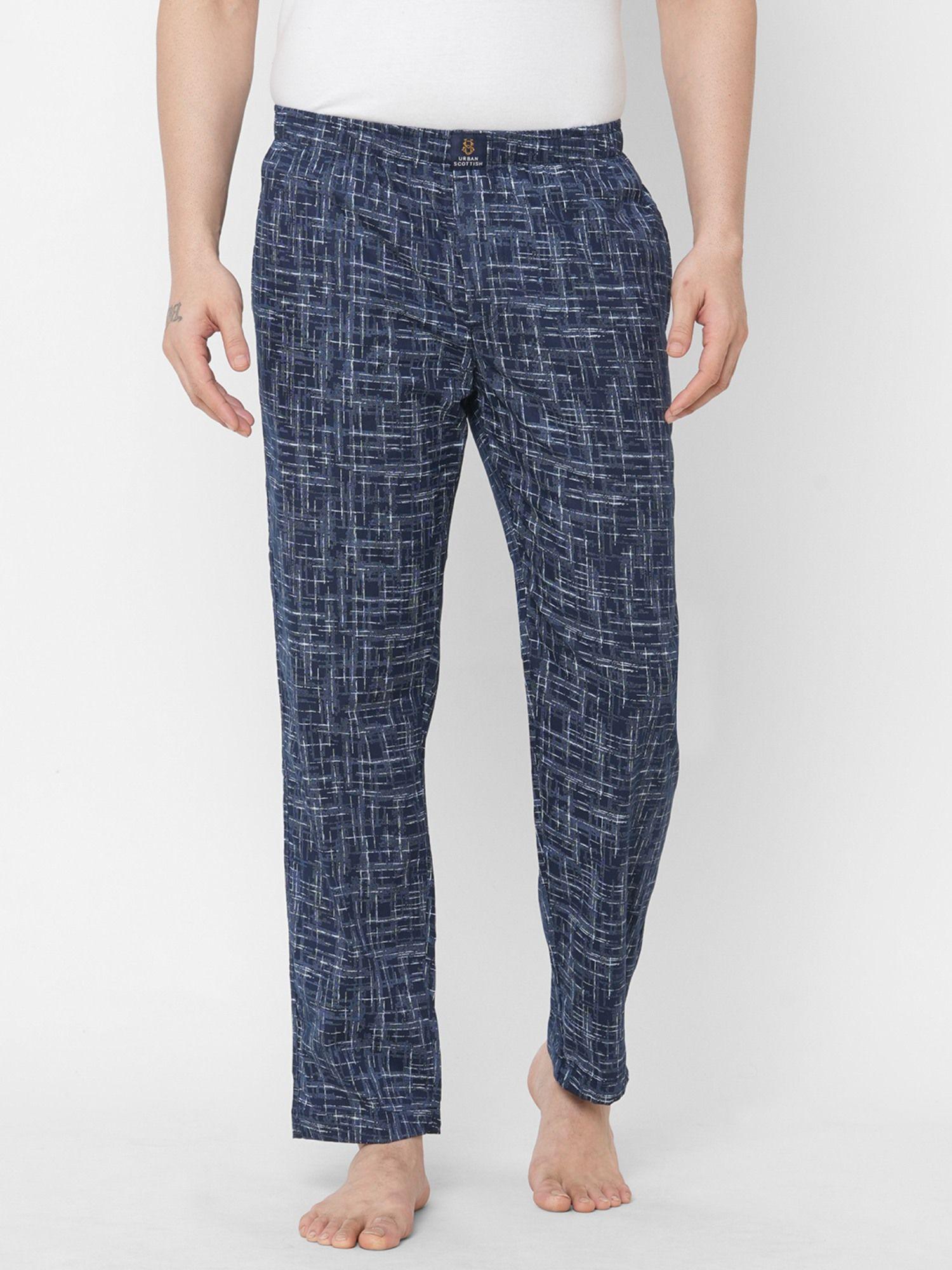 mens printed woven cotton super soft & breathable pyjama with pockets navy blue