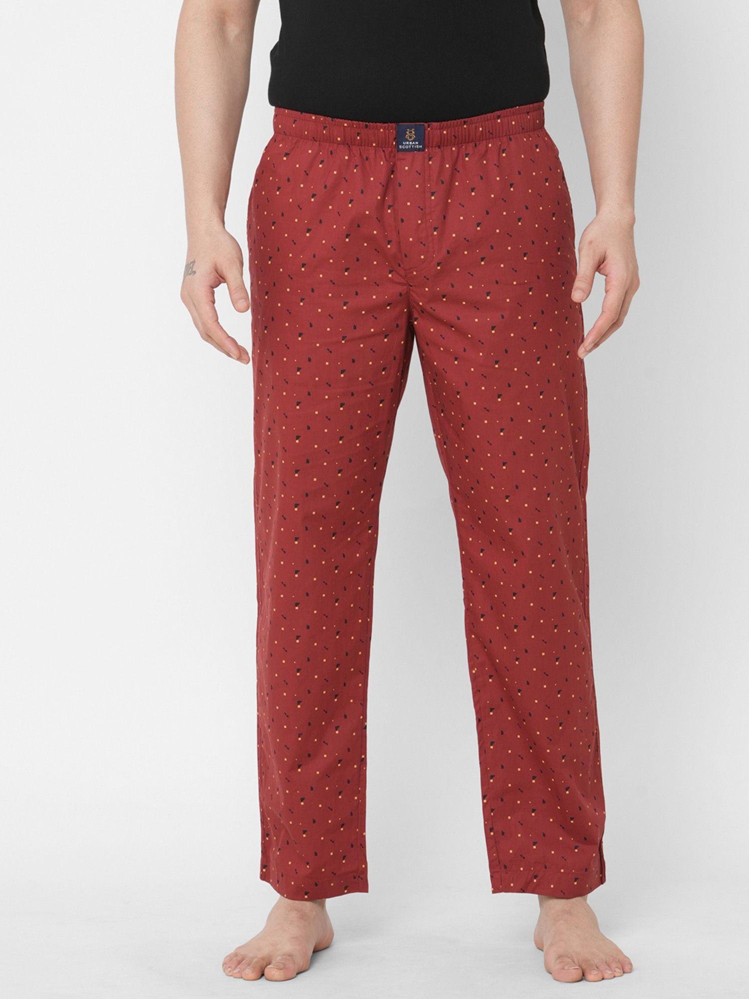 mens printed woven cotton ultra soft pyjama with pockets wine