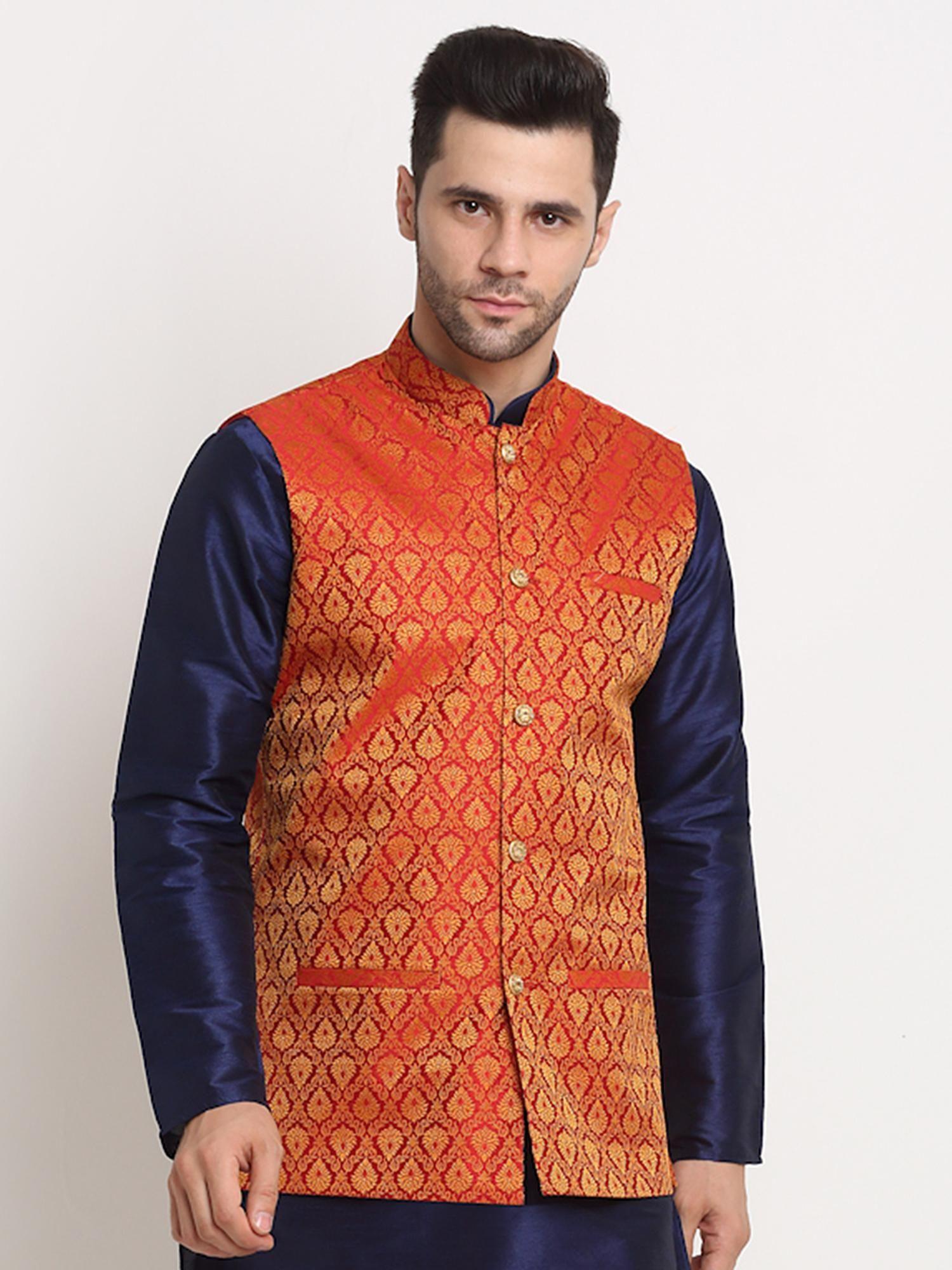 mens red jacquard woven design nehru jacket