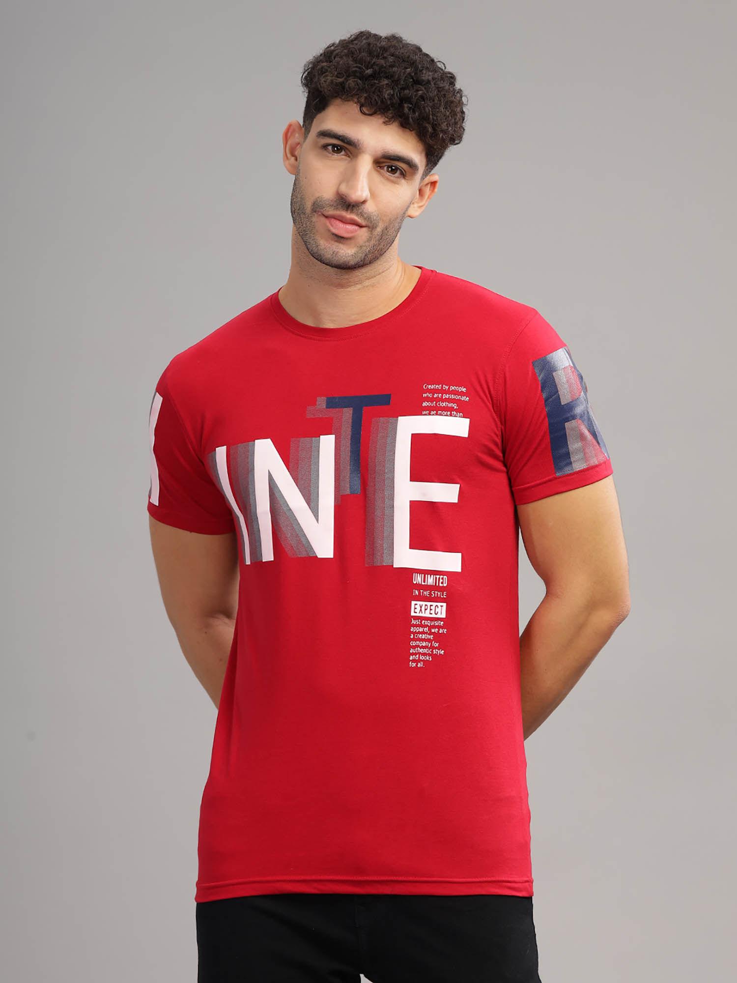 mens red printed round neck t-shirt