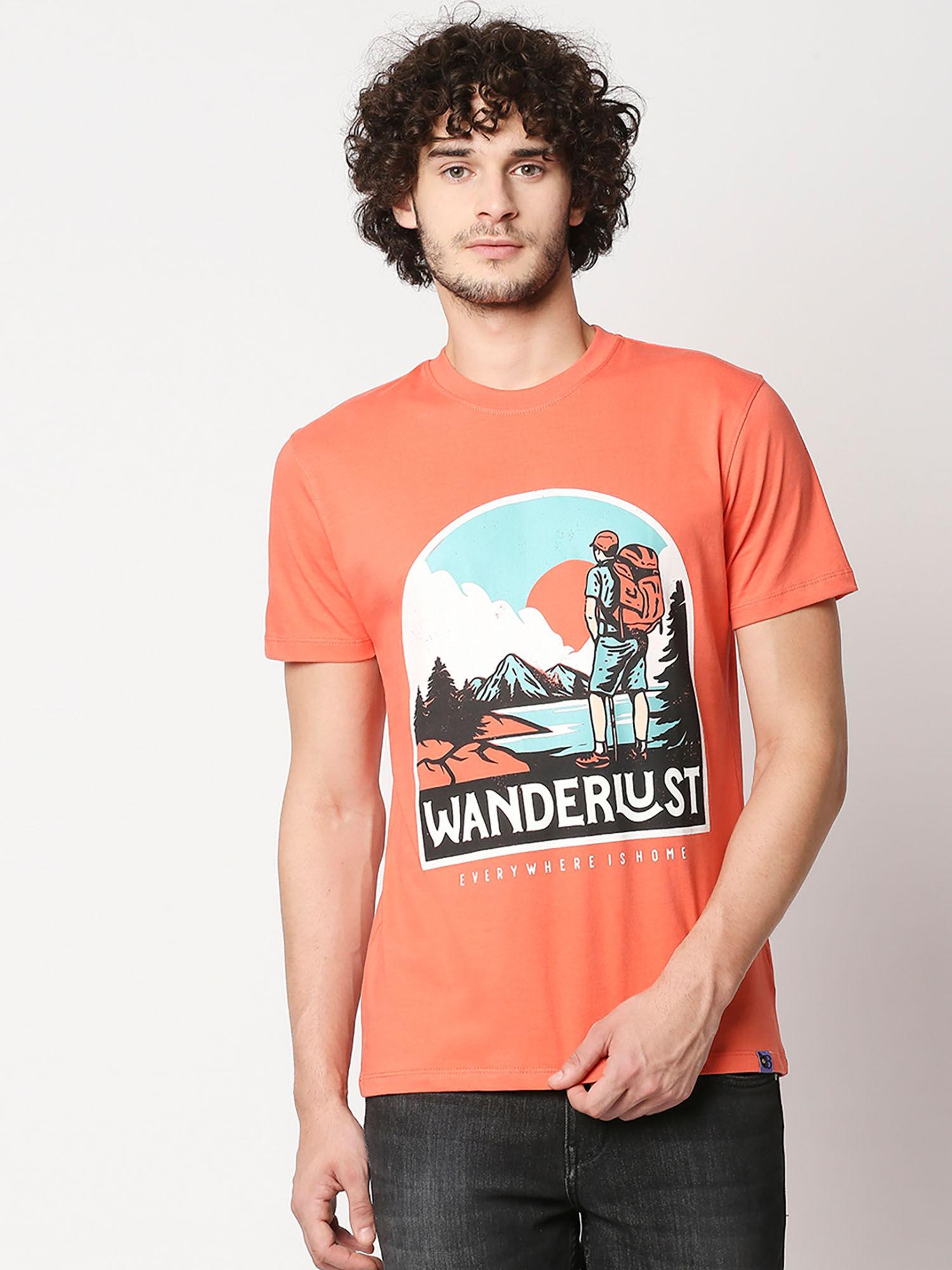 mens regular fit coral chest print t-shirt orange