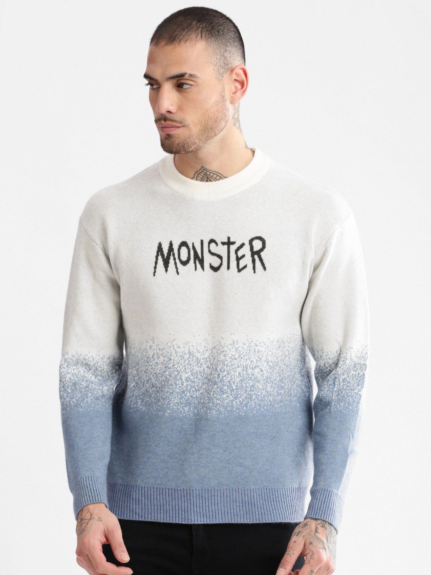 mens round neck long sleeves typography blue pullover