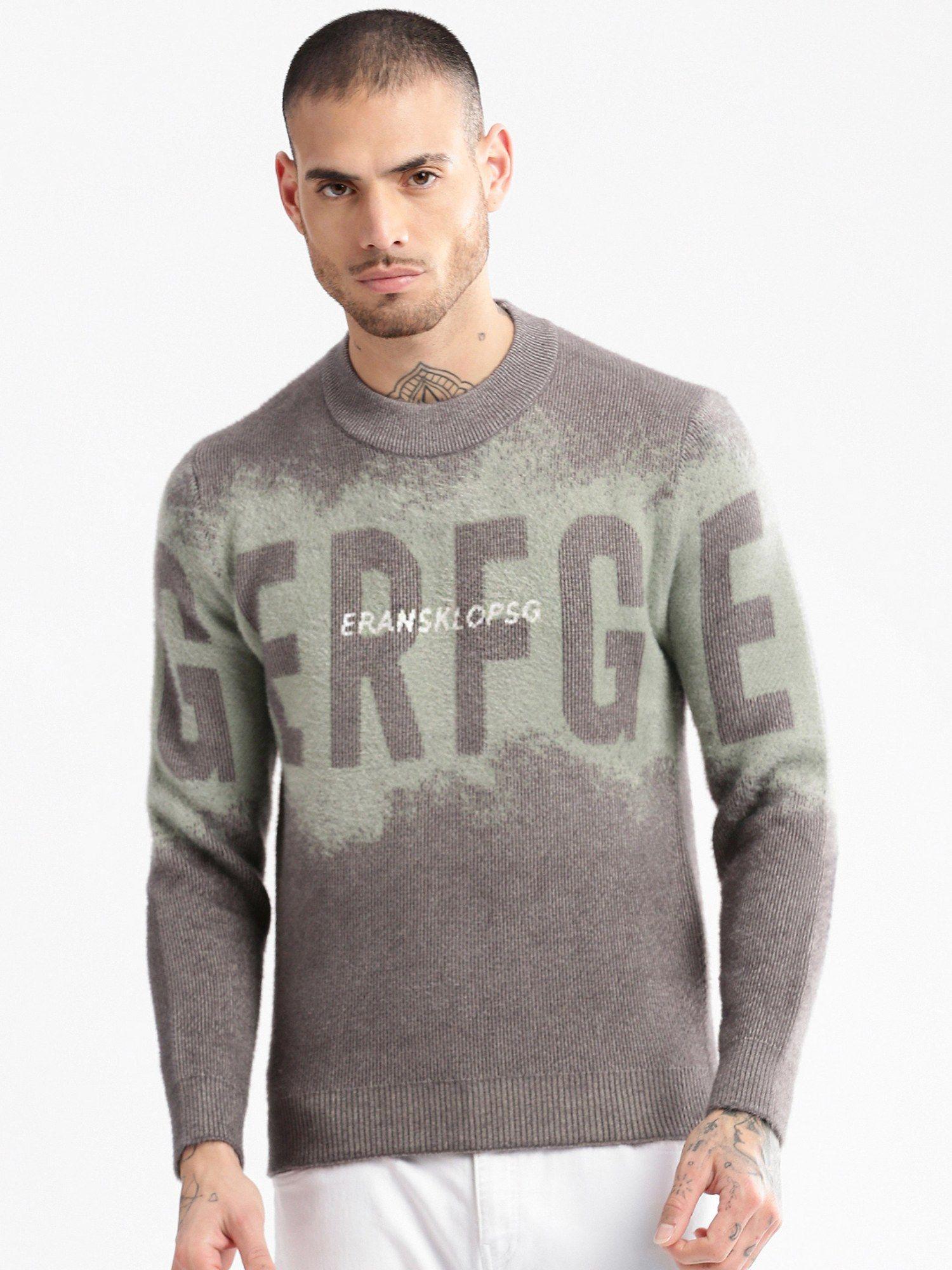 mens round neck long sleeves typography sea green pullover