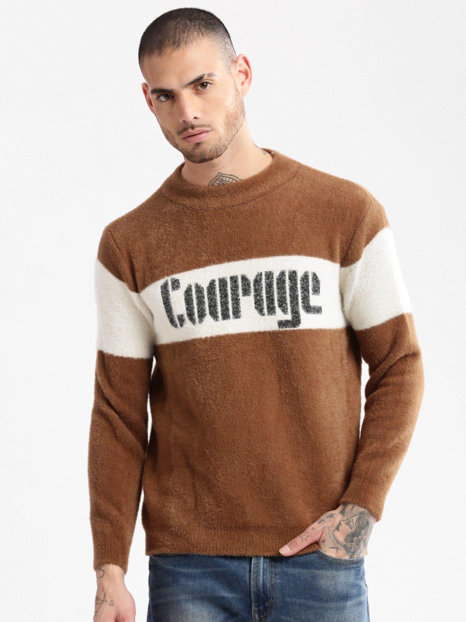 mens round neck typography brown pullover
