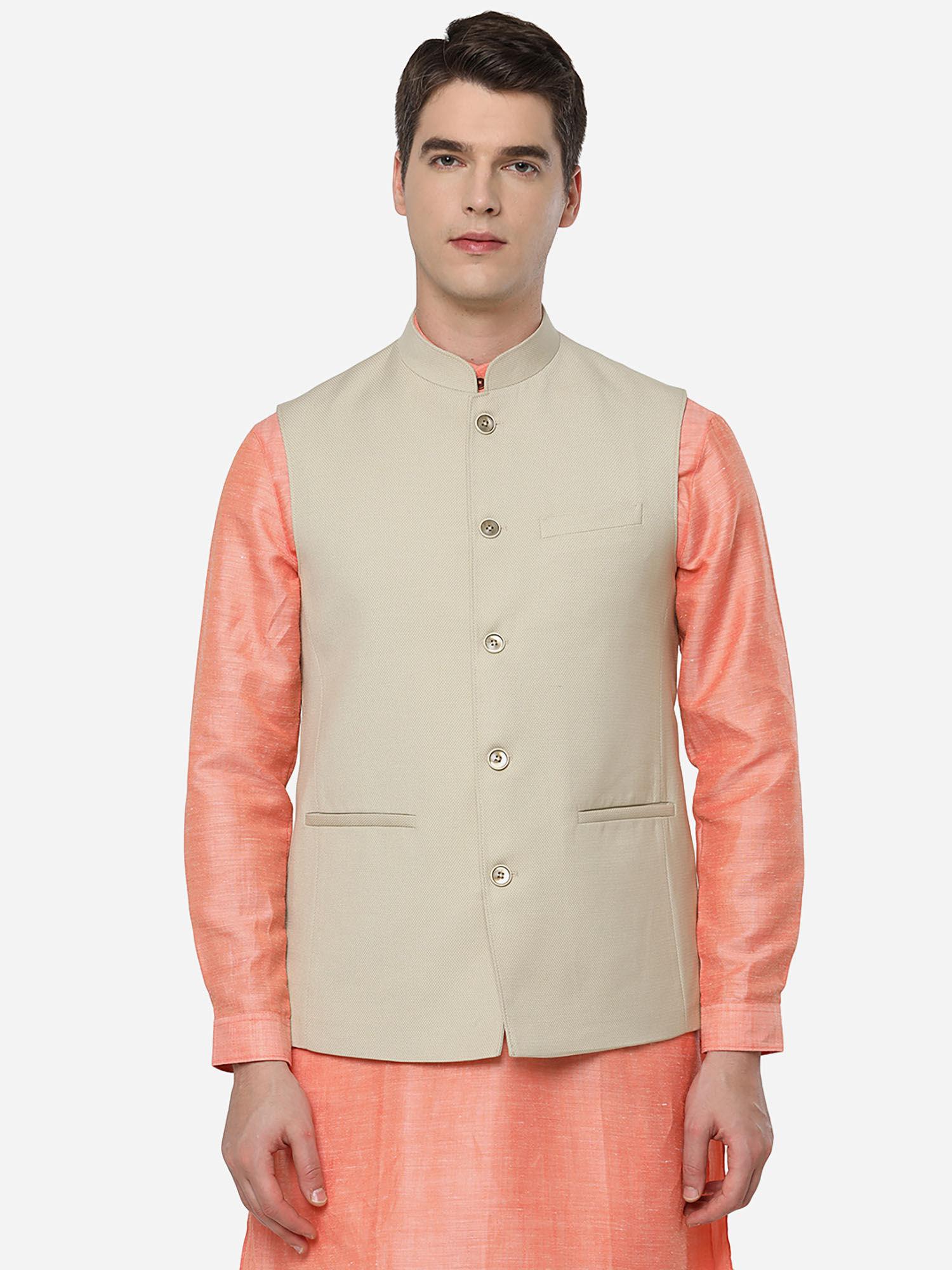 mens self textured off white poly wool regular fit modi jacket