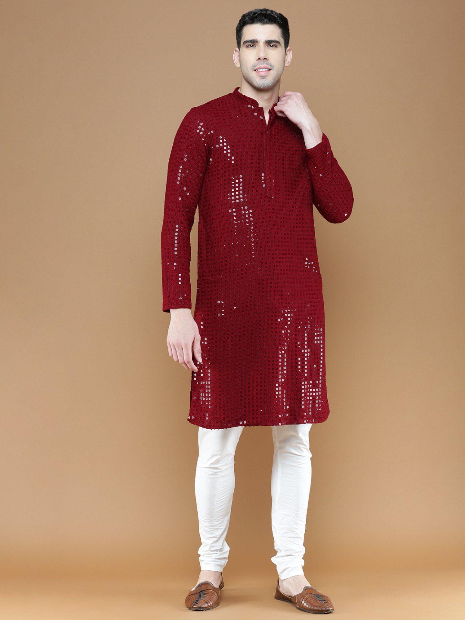 mens sequins maroon chikankari party wear cotton kurta with churidar pyjama (set of 2)