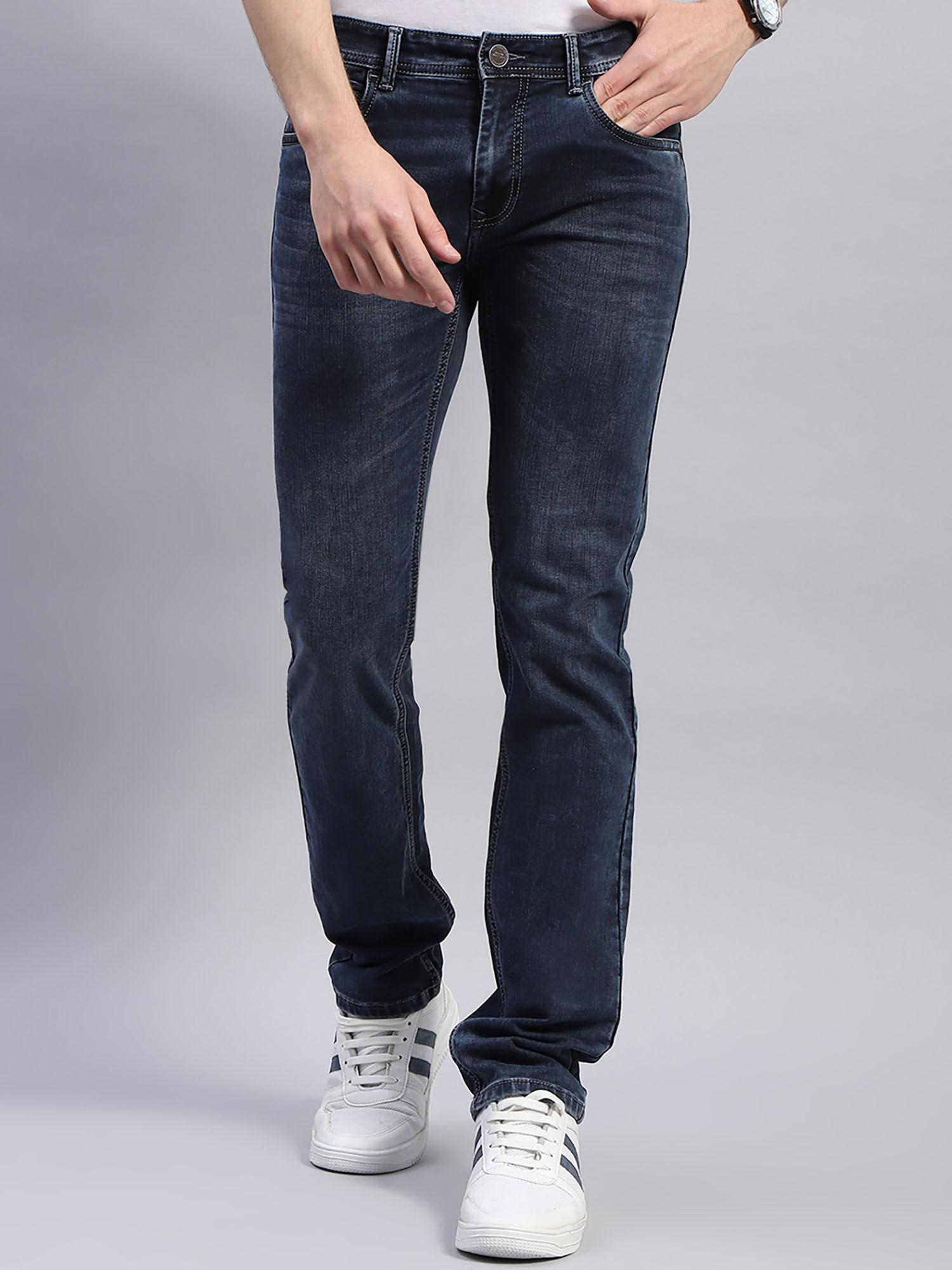 mens solid blue straight fit casual jeans