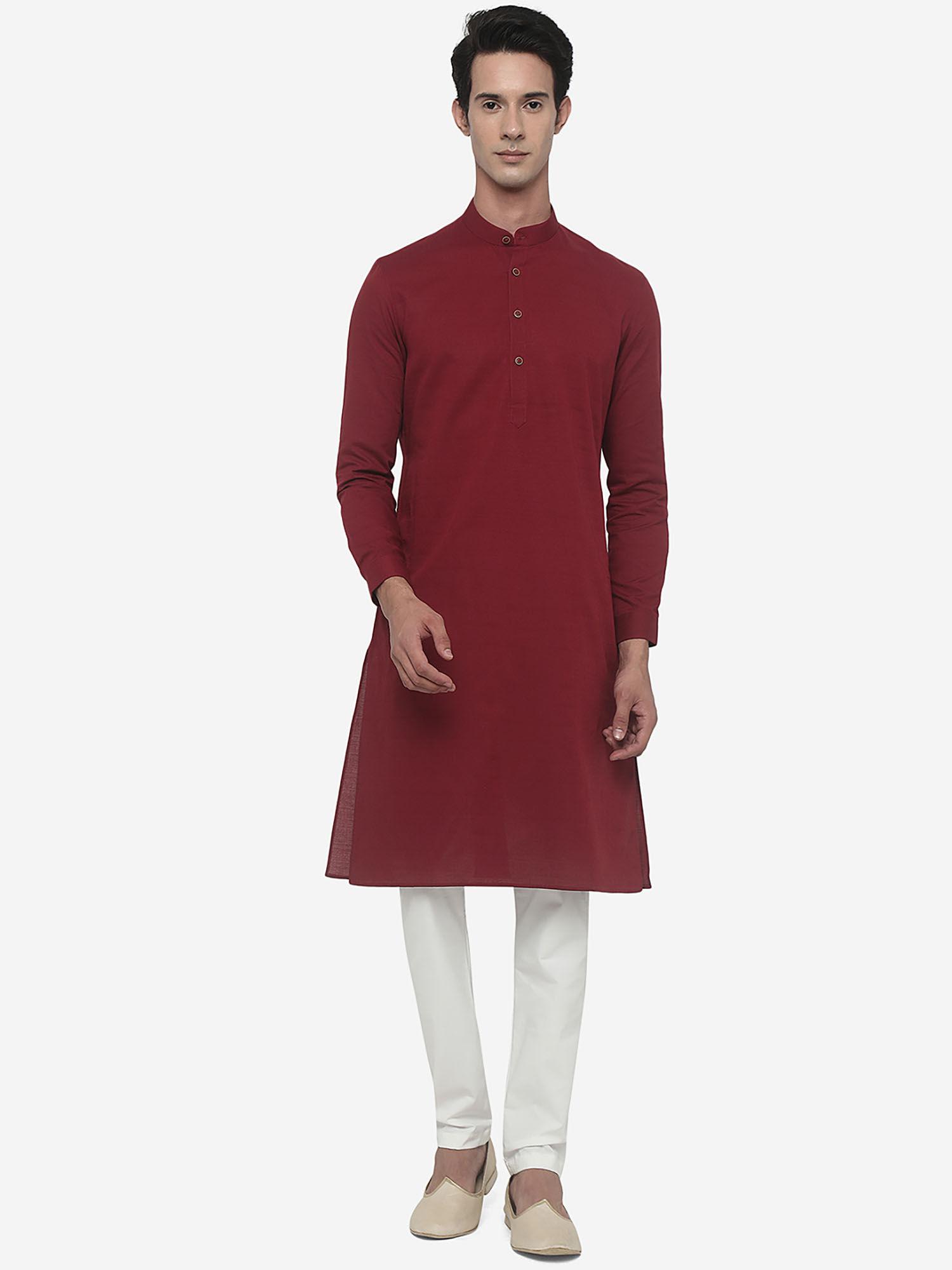 mens solid brick red cotton blend regular fit modi kurta