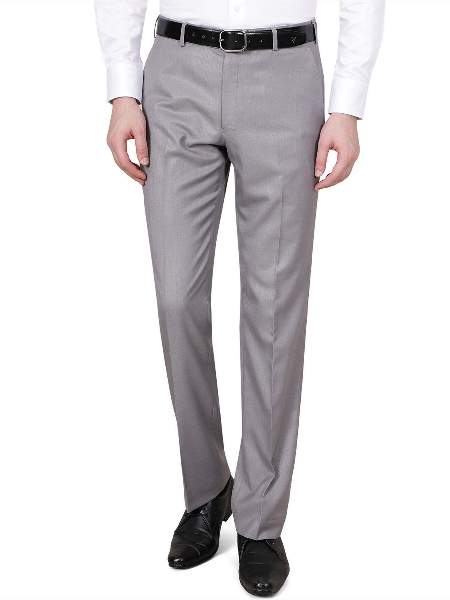 mens solid grey poly viscose regular fit formal trouser
