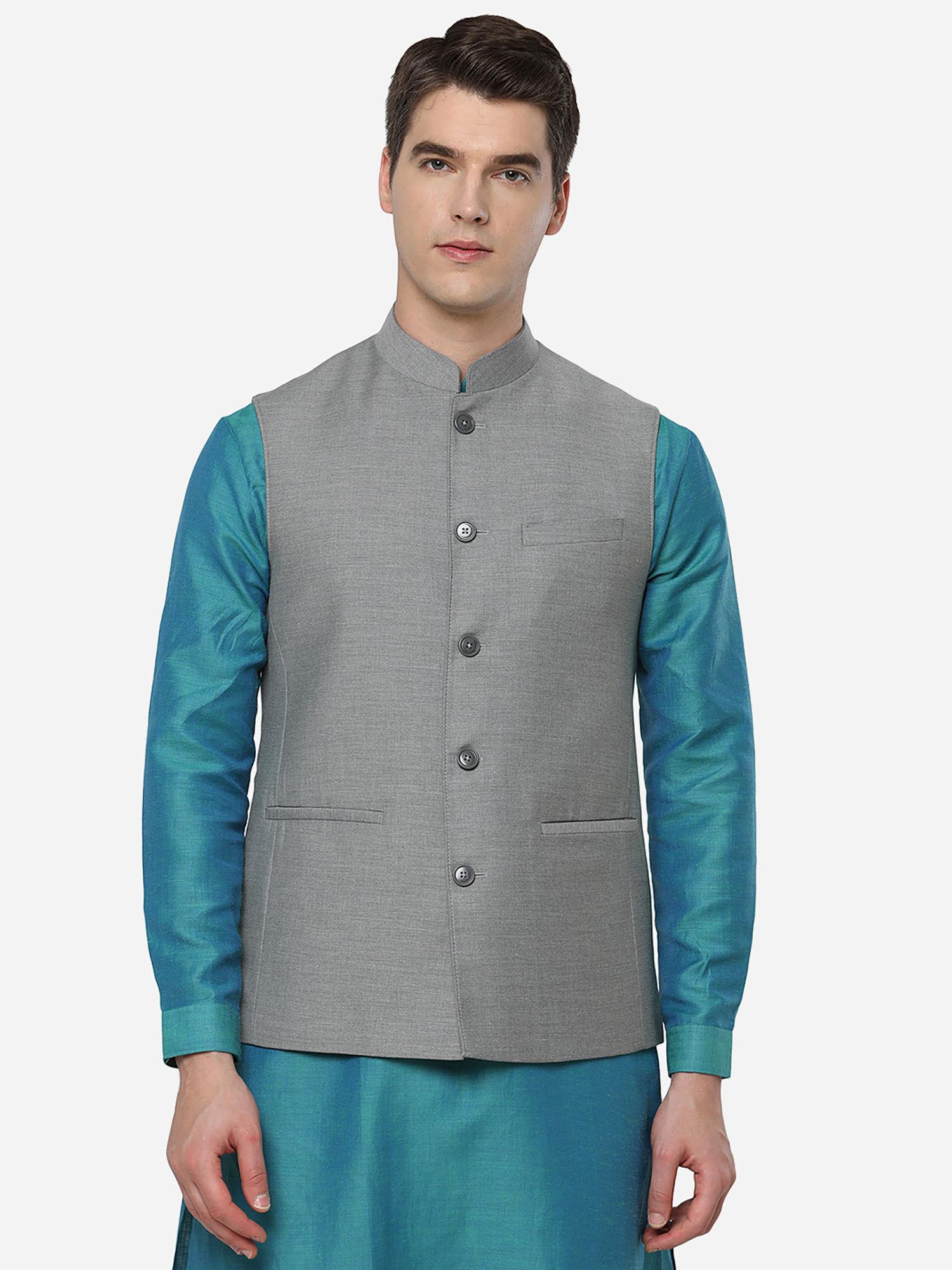 mens solid grey poly wool regular fit modi jacket