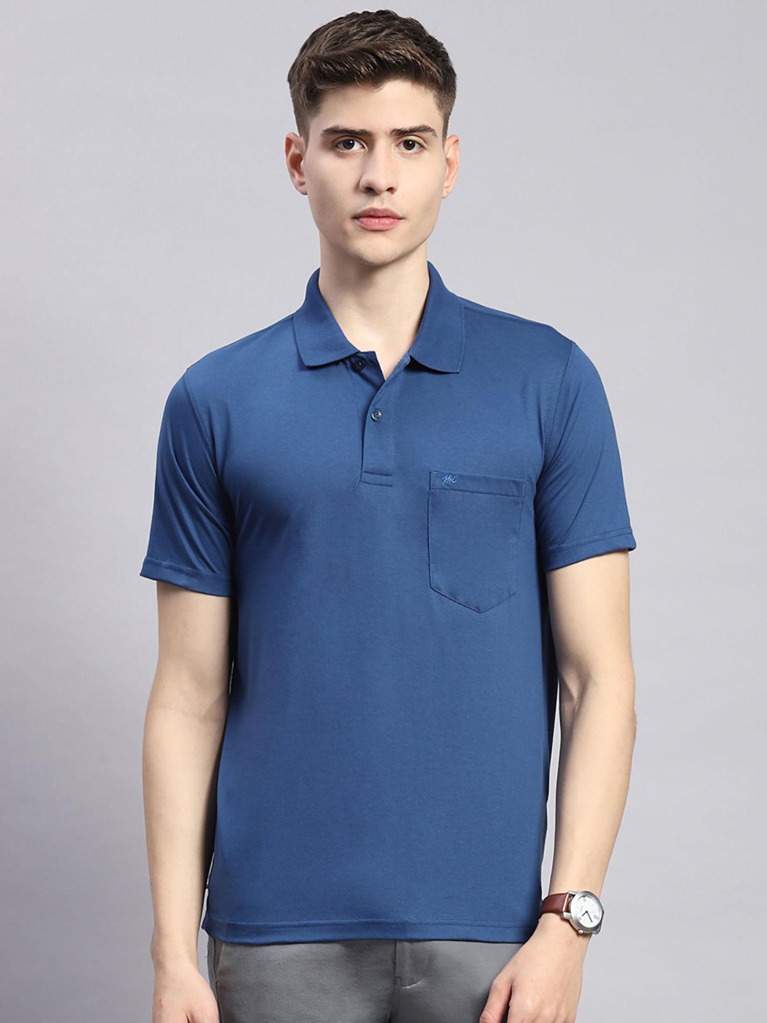 mens solid navy blue cotton blend polo collar half sleeve casual t-shirt
