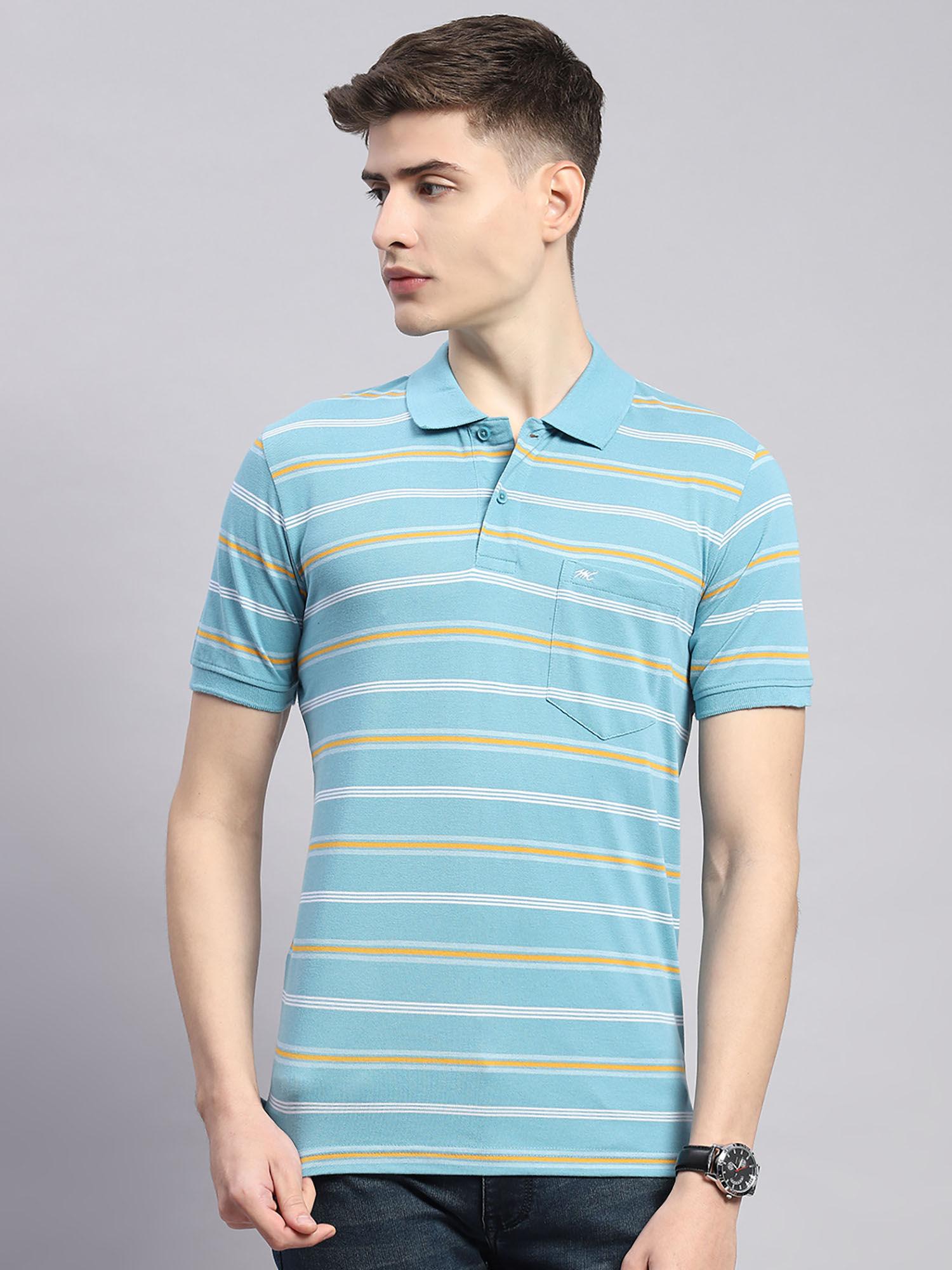 mens striped blue cotton blend polo collar half sleeve casual t-shirt