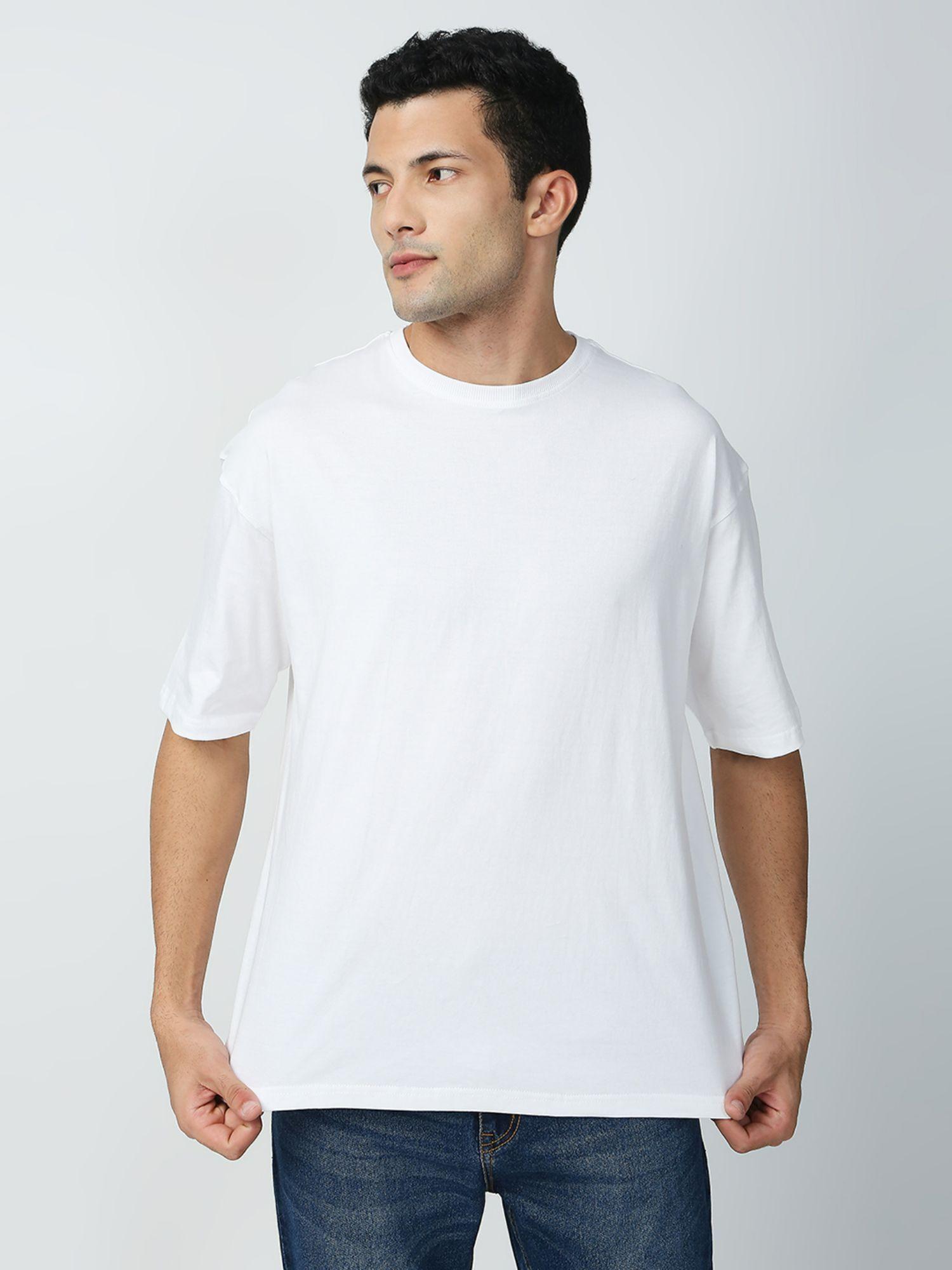 mens stylish baggy white color back printed round neck t-shirt