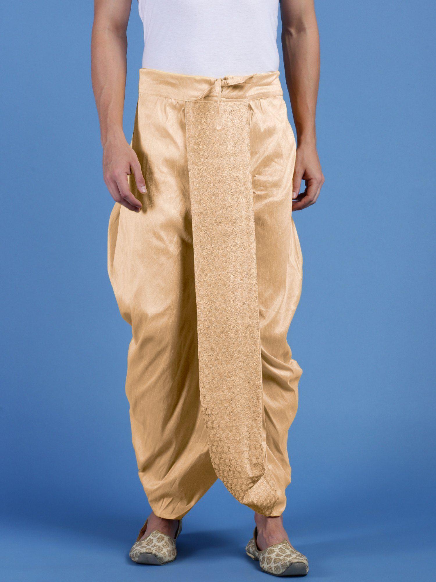 mens traditional beige colored designer embroidered art silk dhoti