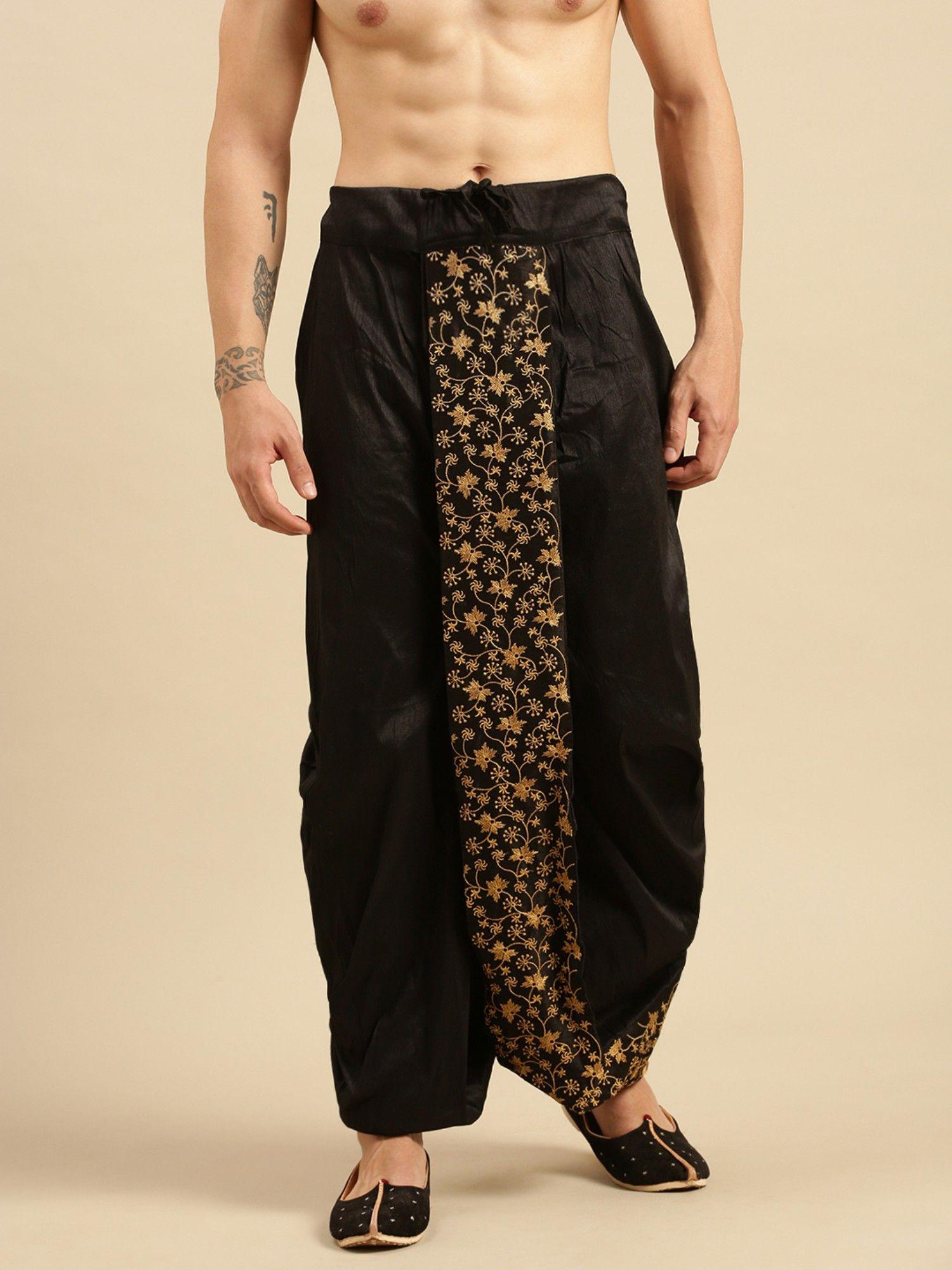 mens traditional black coloured embroidered art silk dhoti