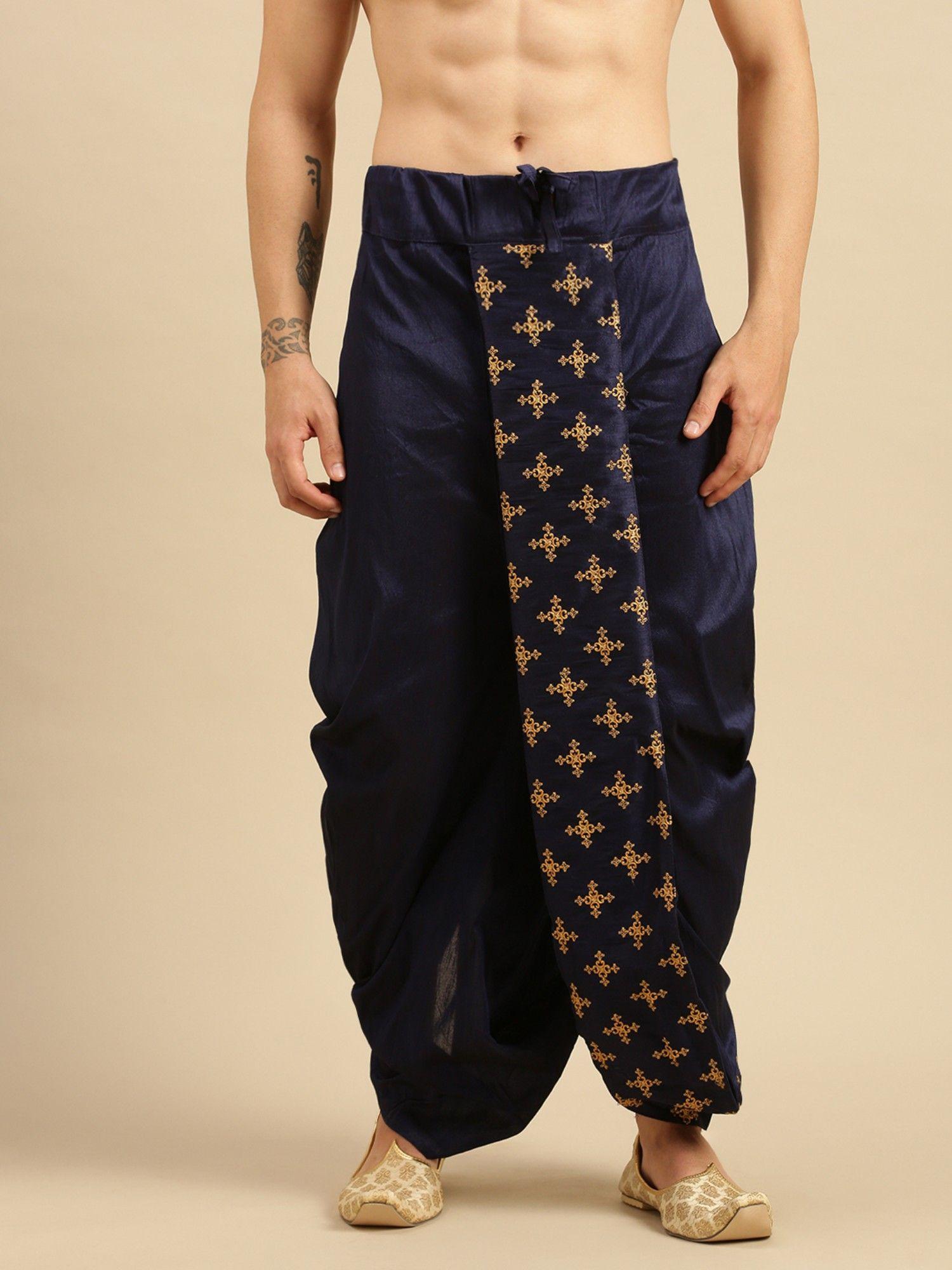 mens traditional blue coloured embroidered art silk dhoti