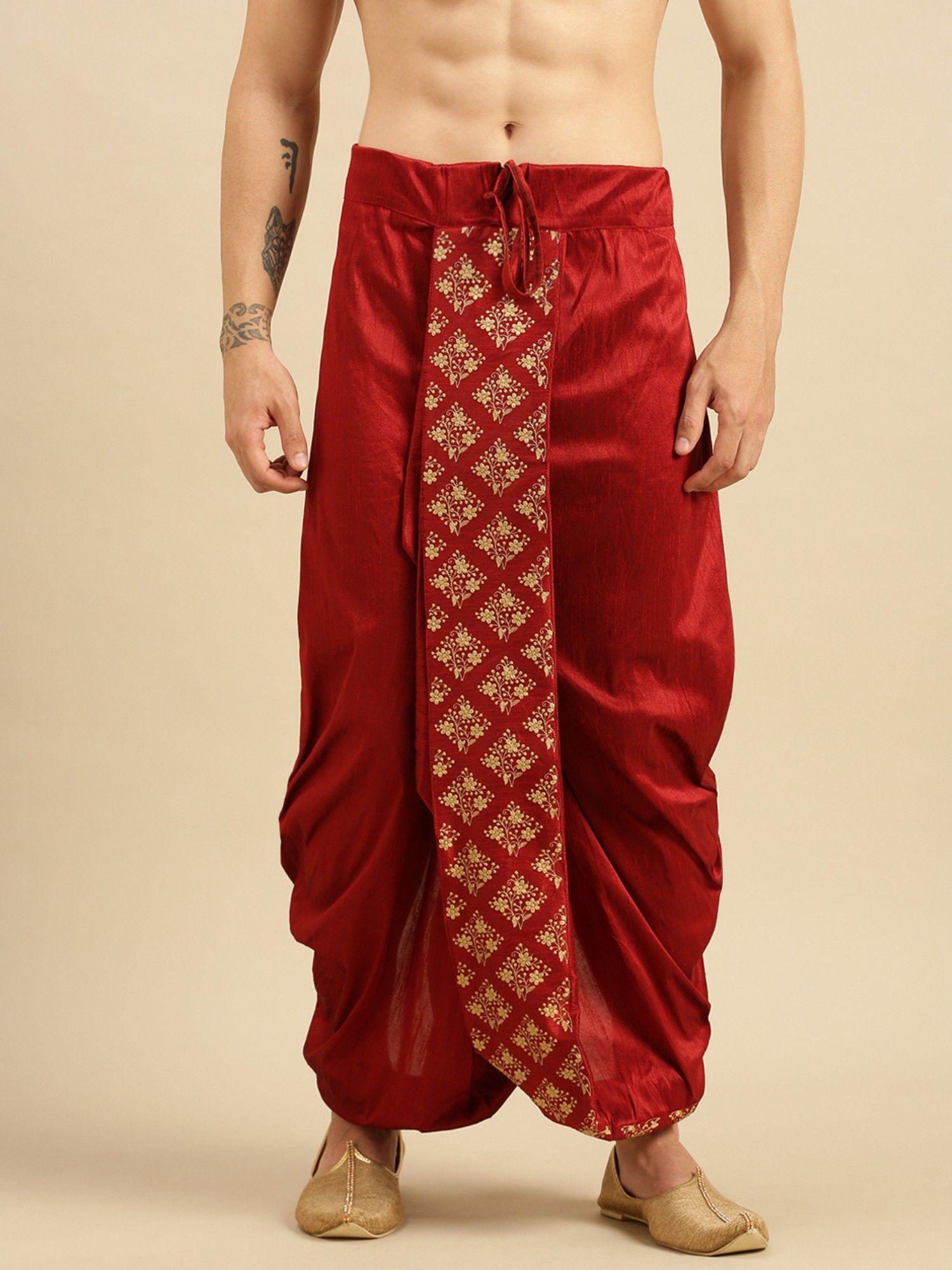 mens traditional red coloured embroidered art silk dhoti
