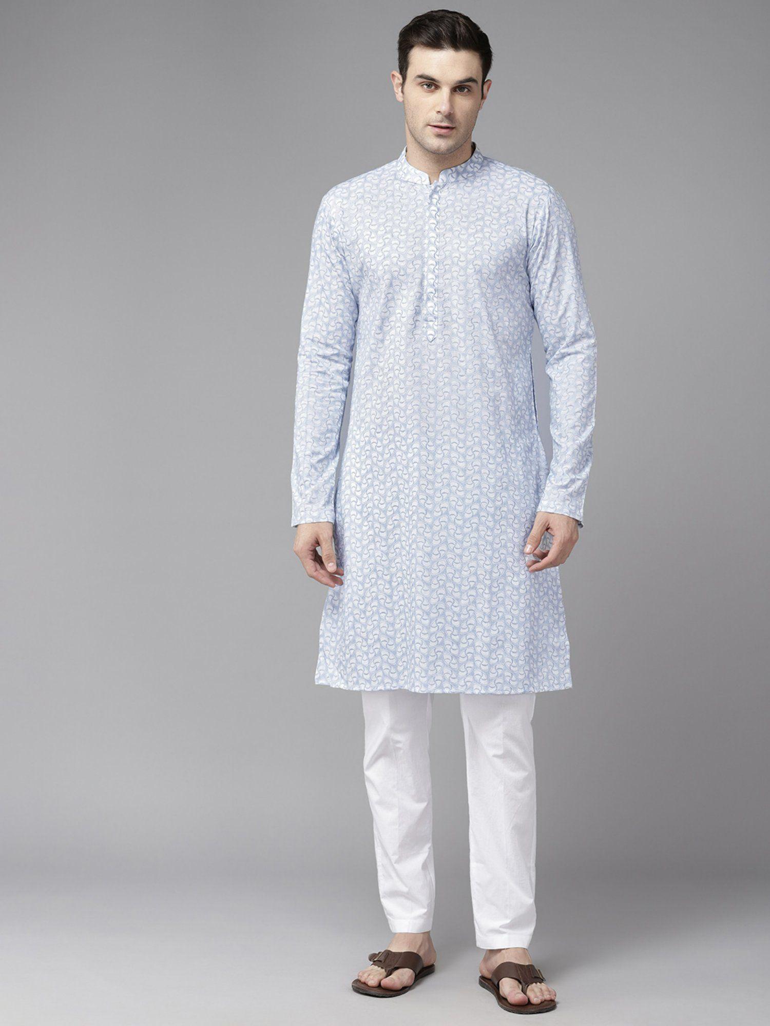 mens white & grey pure cotton embroidered straight kurta with pyjama (set of 2)