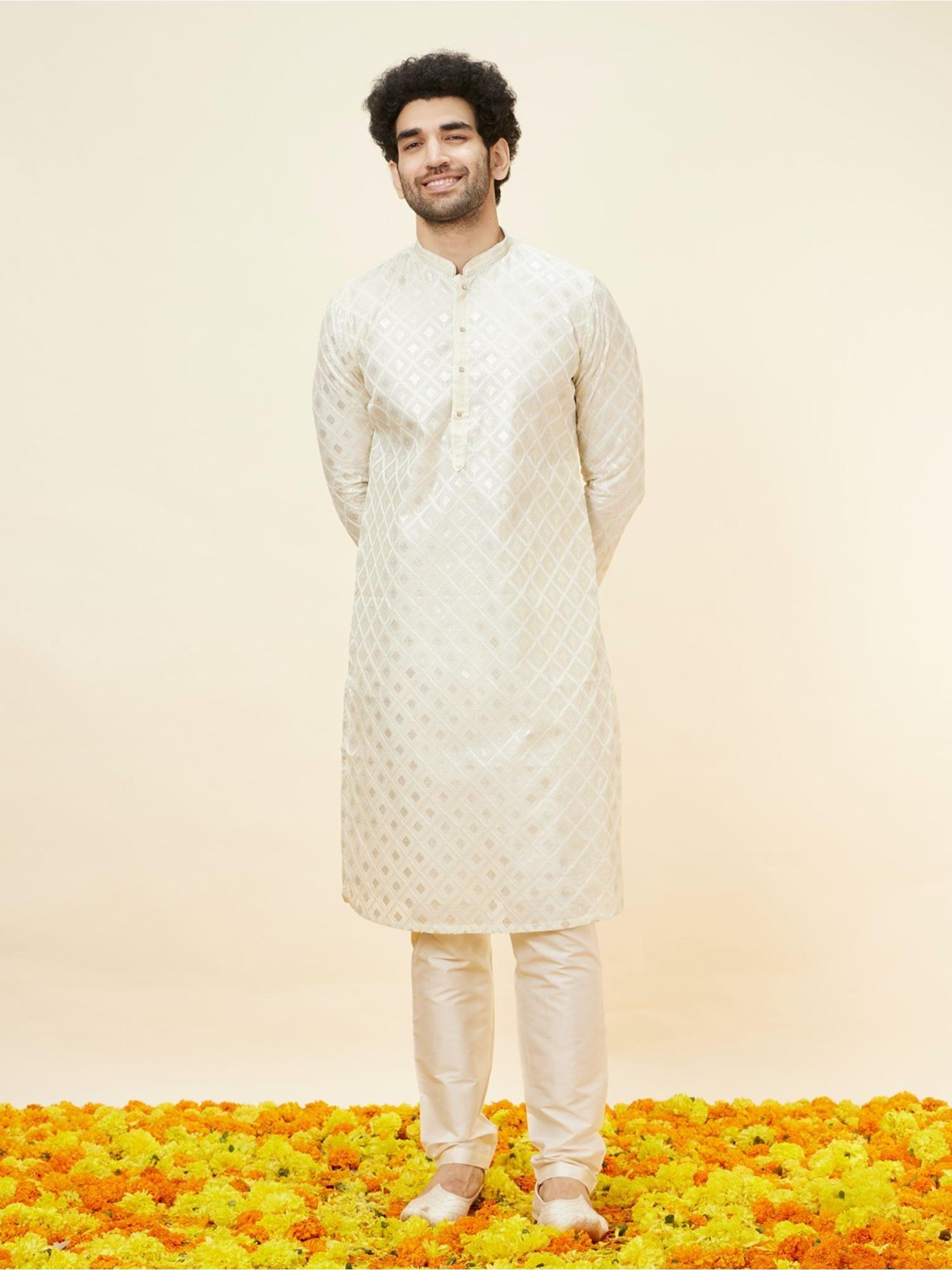 mens white chanderi self design kurta pyjama (set of 2)
