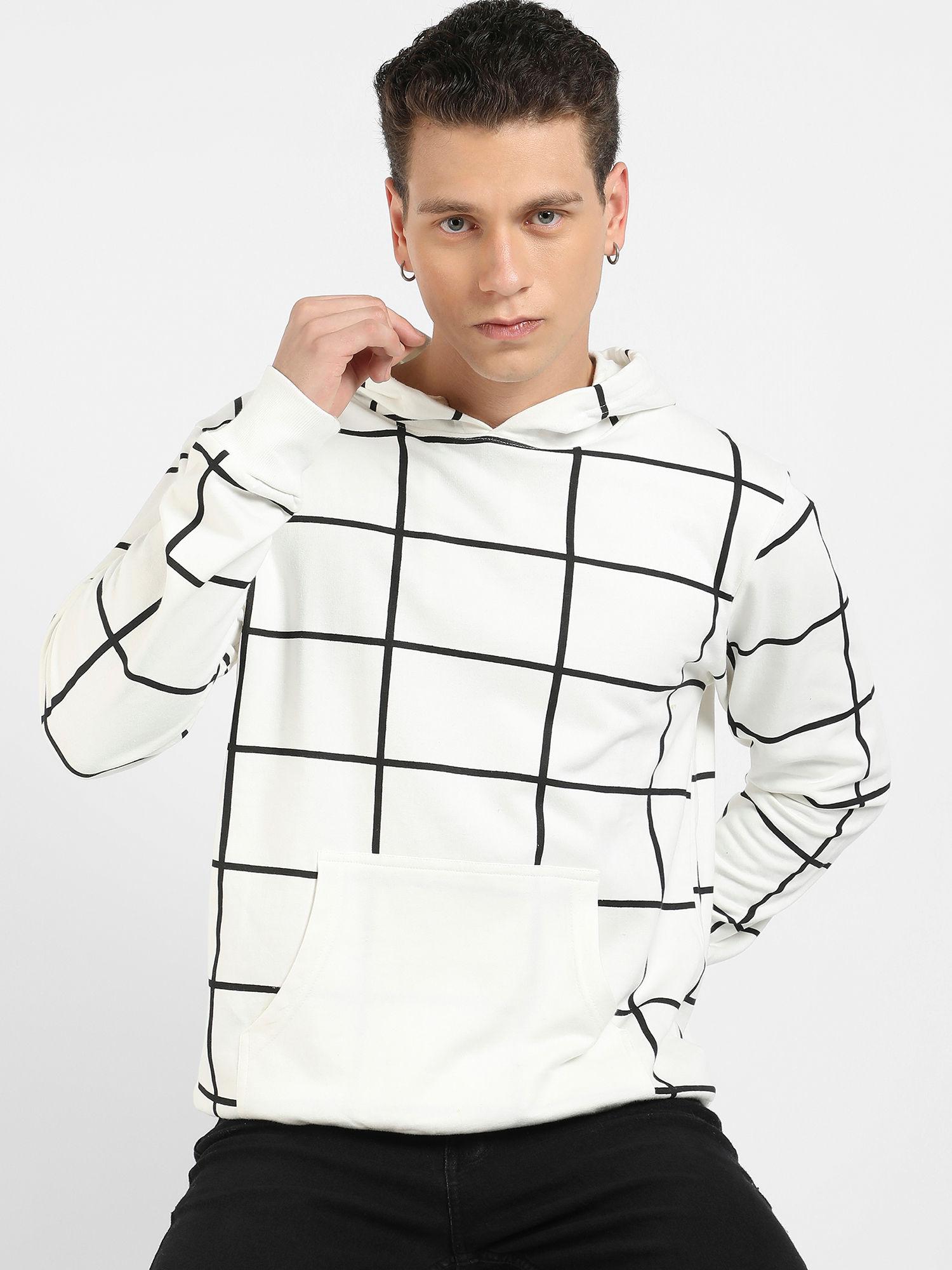 mens white contrast graph check hoodie with kangaroo pocket