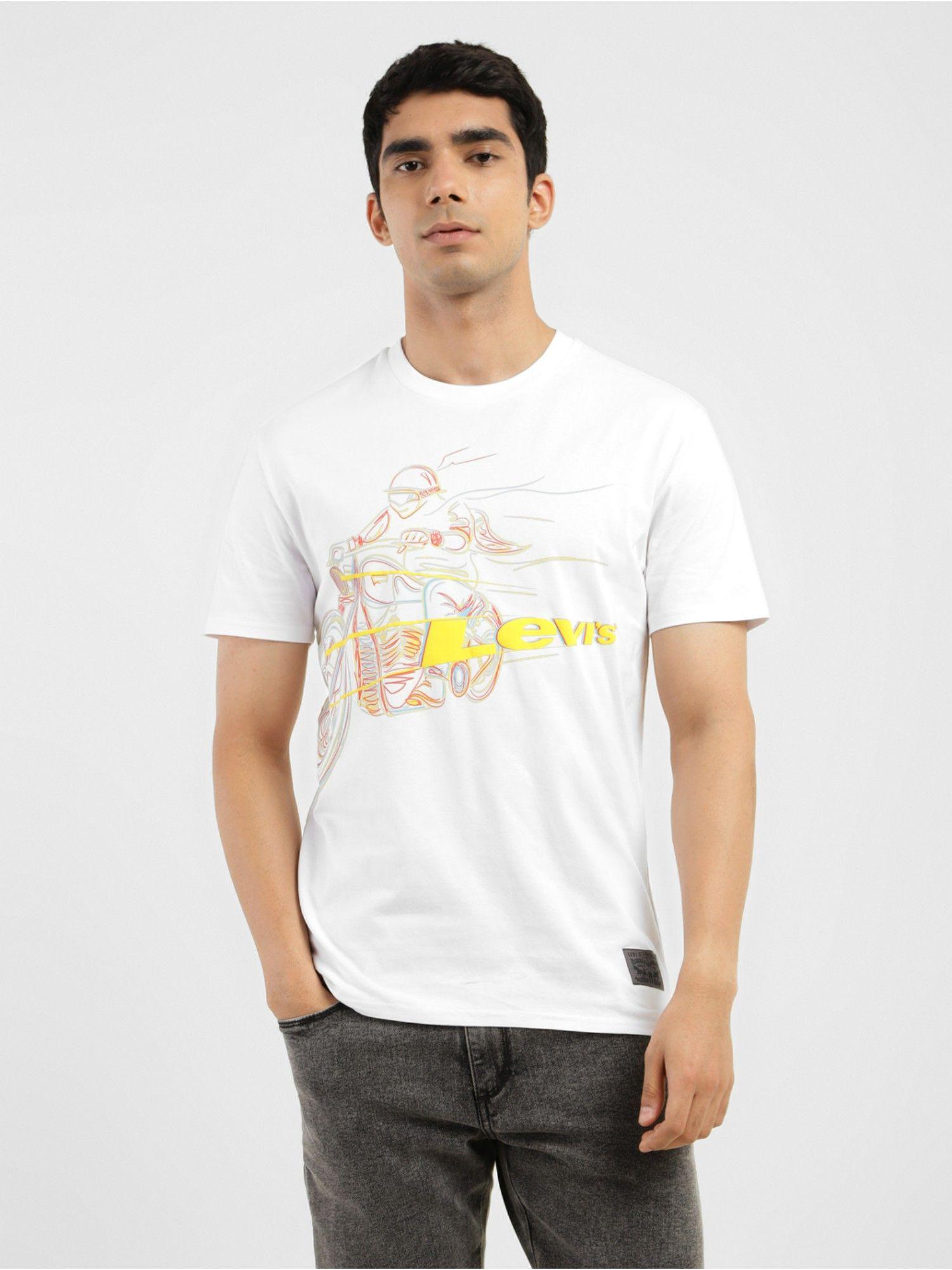 mens white graphic print crew neck t-shirt