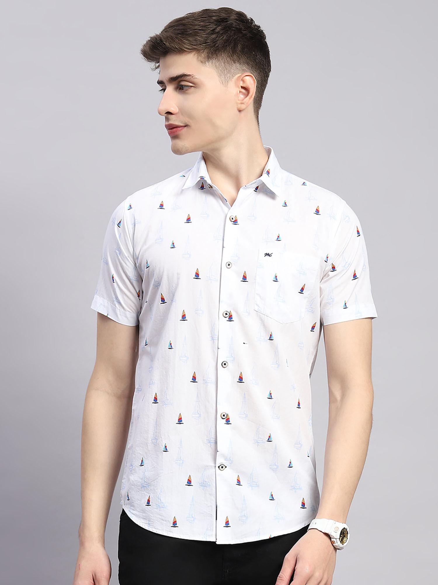 mens white printed spread collar half sleeve linen slim fit casual shirt