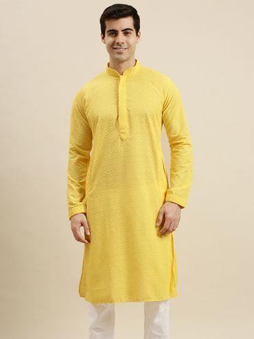 mens yellow chickenkari long sleeve cotton designer kurta