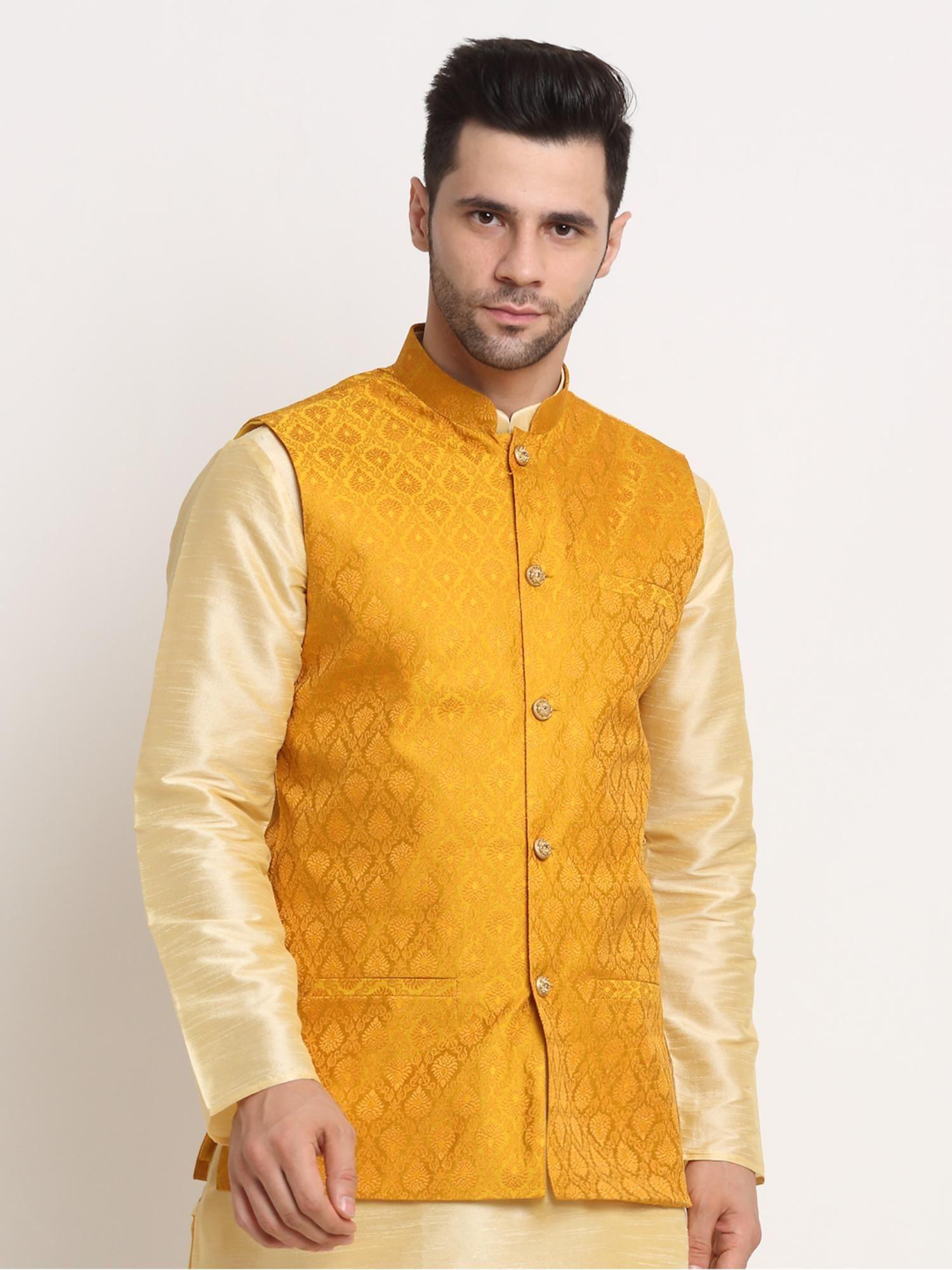 mens yellow jacquard woven design nehru jacket