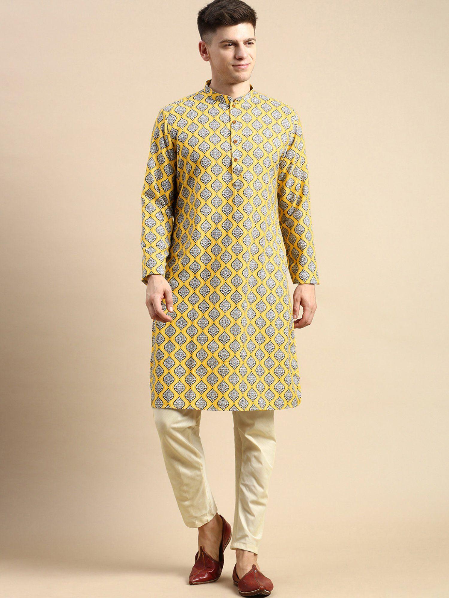 mens yellow kurta trousers (set of 2)