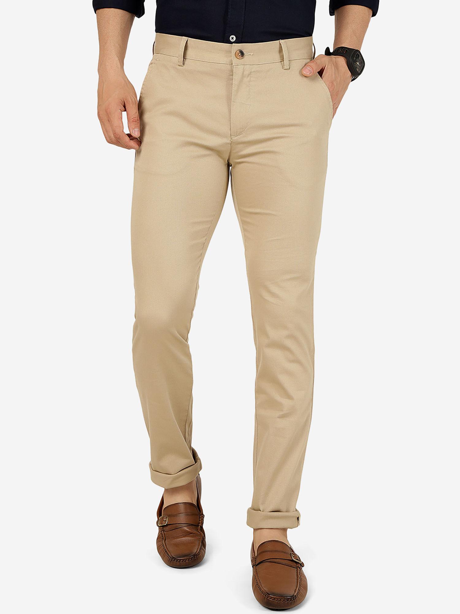 mens 100% cotton solid beige super slim fit casual trouser