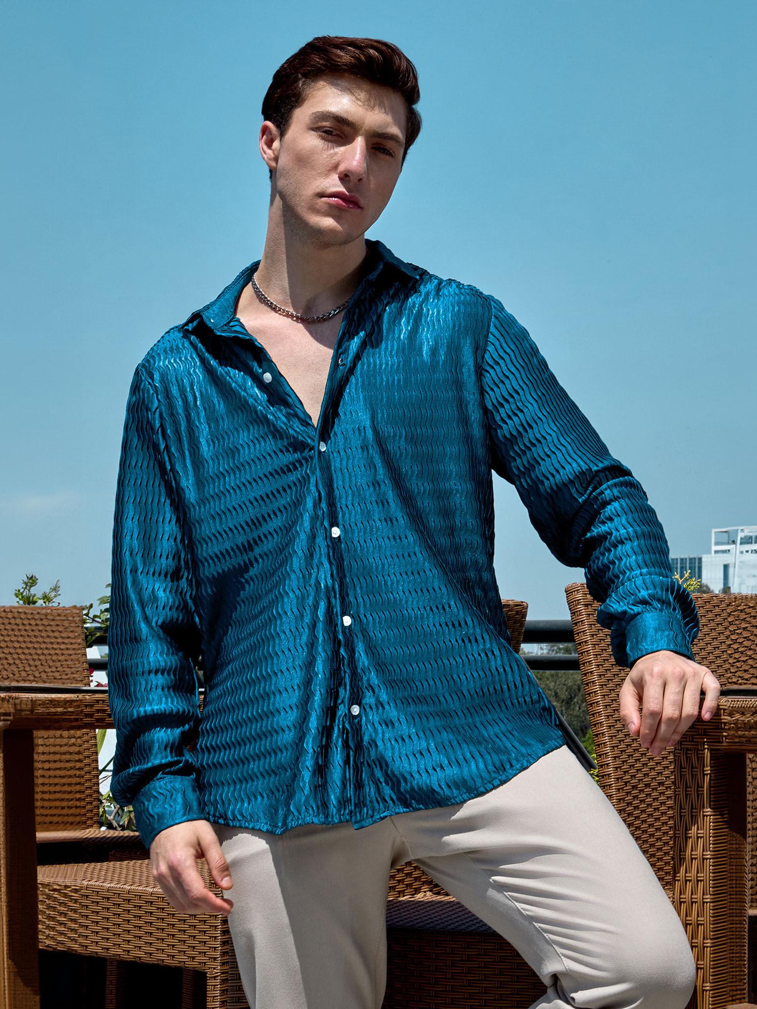 mens aegean blue curly-creased shirt