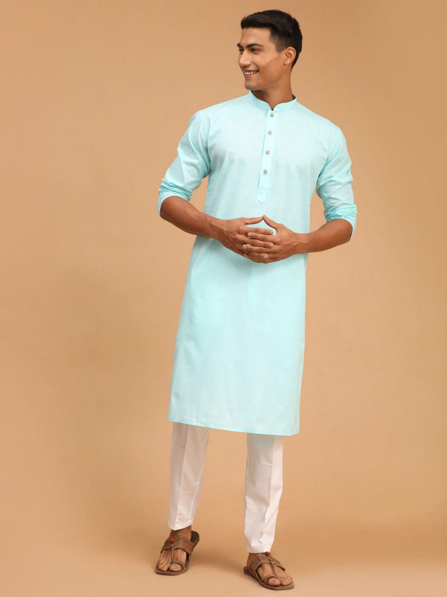 mens aqua blue and white cotton linen kurta pyjama (set of 2)