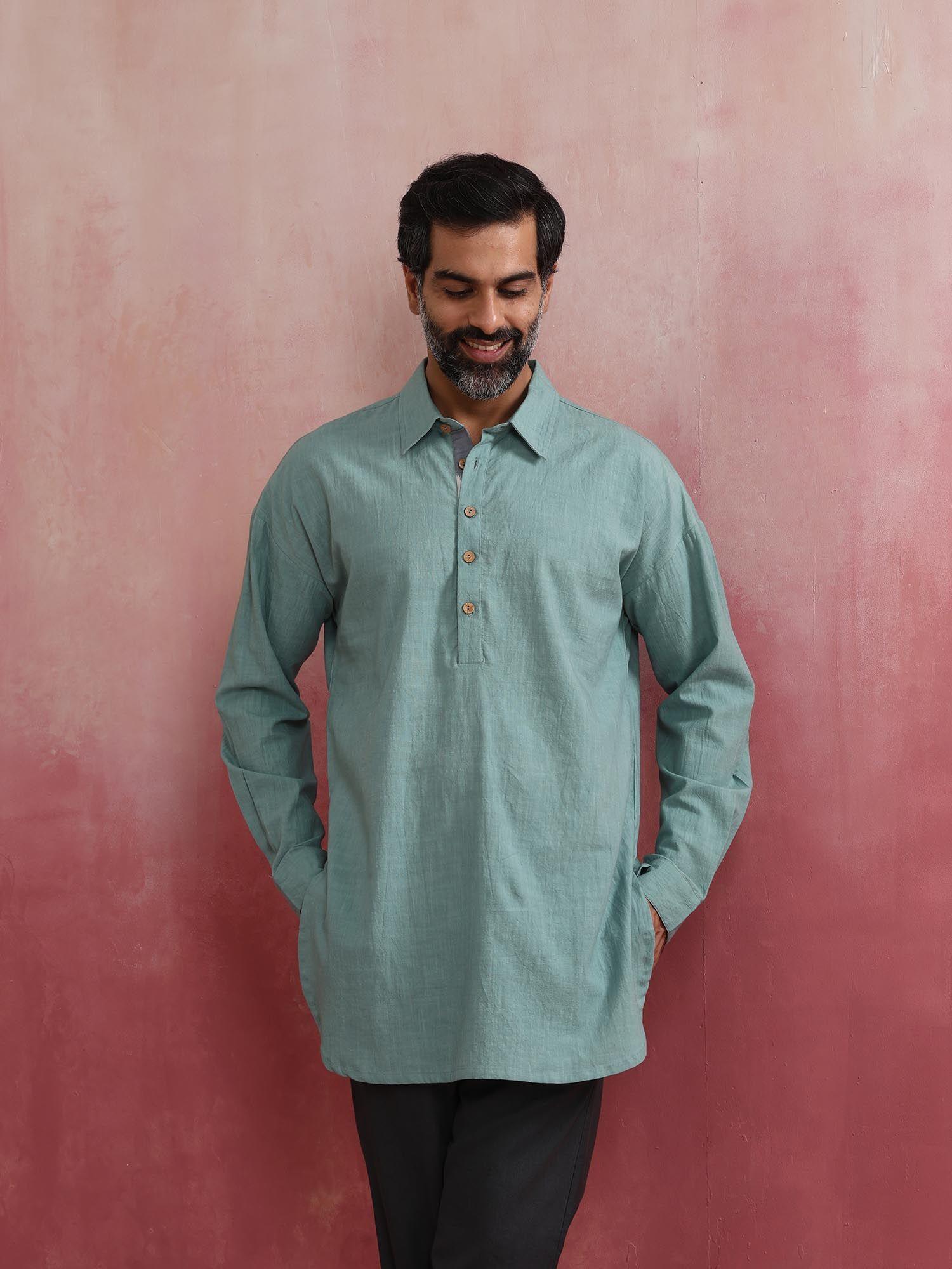 mens aqua blue cotton shirt collar stylized kurta