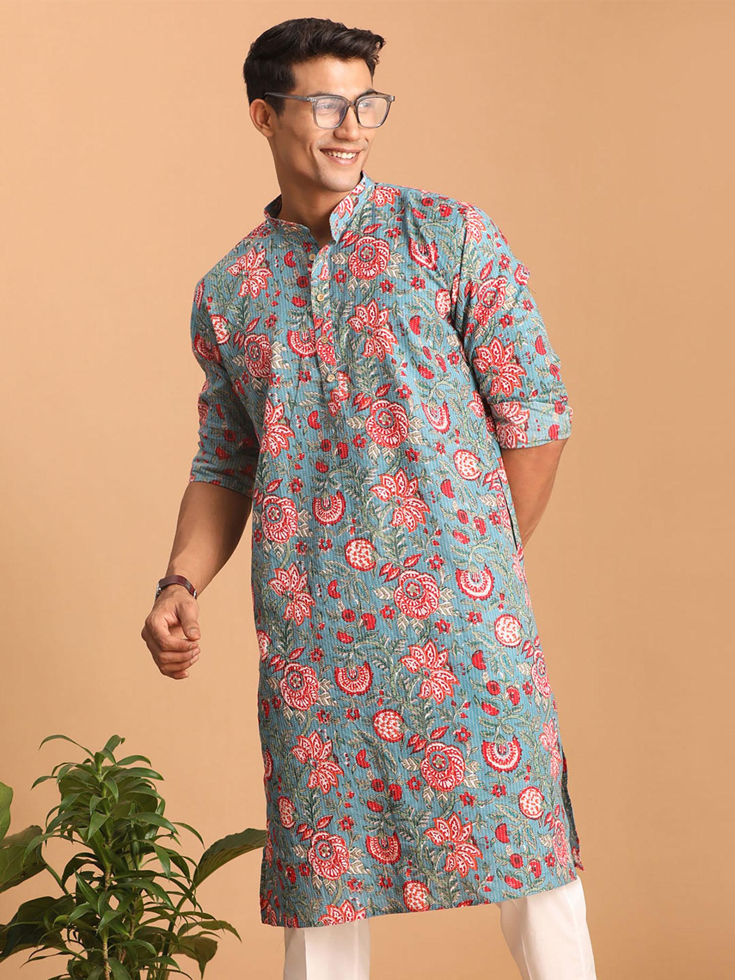 mens aqua cotton kurta