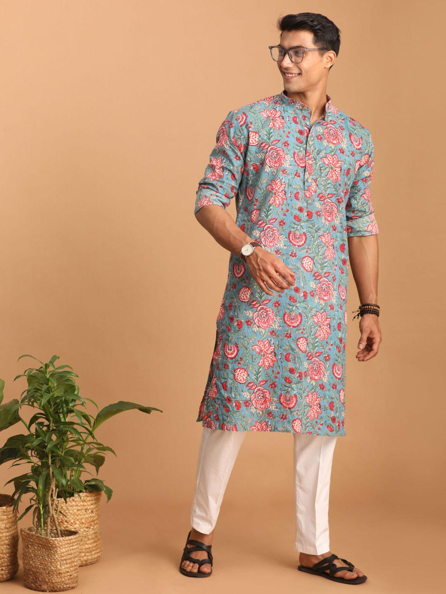 mens aqua with white cotton kurta and pyjama (set of 2)