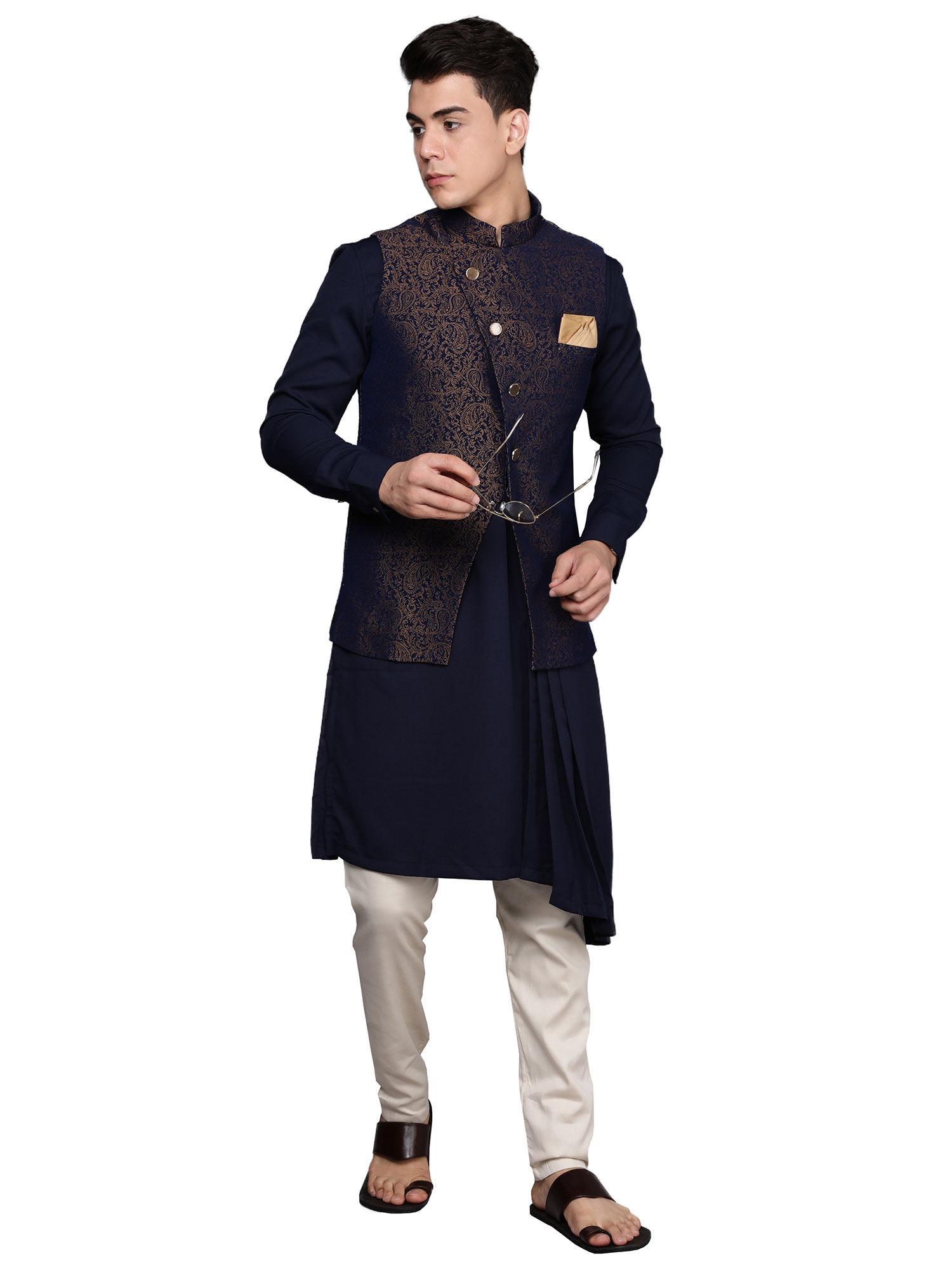 mens art silk drape kurta pencil pant with paisley print jacket (blue) (set of 3)